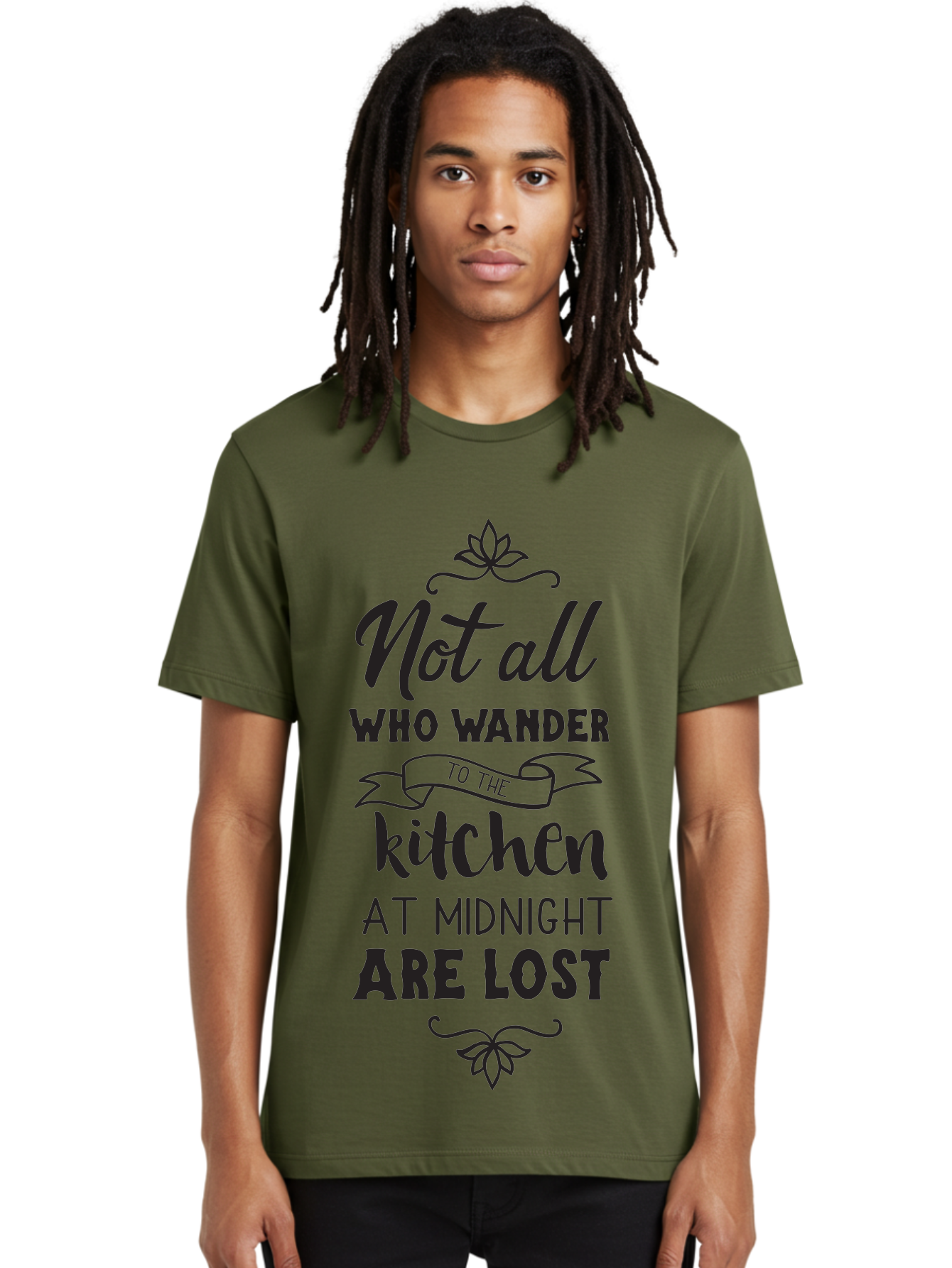 Not-All-Who-Wander-To-The-Kitchen-At-Midnight-Are-Lost Men'S Graphic Tee, 100% Cotton, Comfortable Casual Summer Wear, Machine Washable, Funny Kitchen Quote, Midnight Snack, Wander To Kitchen, Lost At Midnight, Kitchen Humor, Aad058