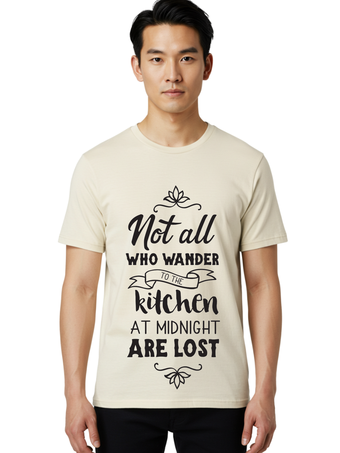 Not-All-Who-Wander-To-The-Kitchen-At-Midnight-Are-Lost Men'S Graphic Tee, 100% Cotton, Comfortable Casual Summer Wear, Machine Washable, Funny Kitchen Quote, Midnight Snack, Wander To Kitchen, Lost At Midnight, Kitchen Humor, Aad058