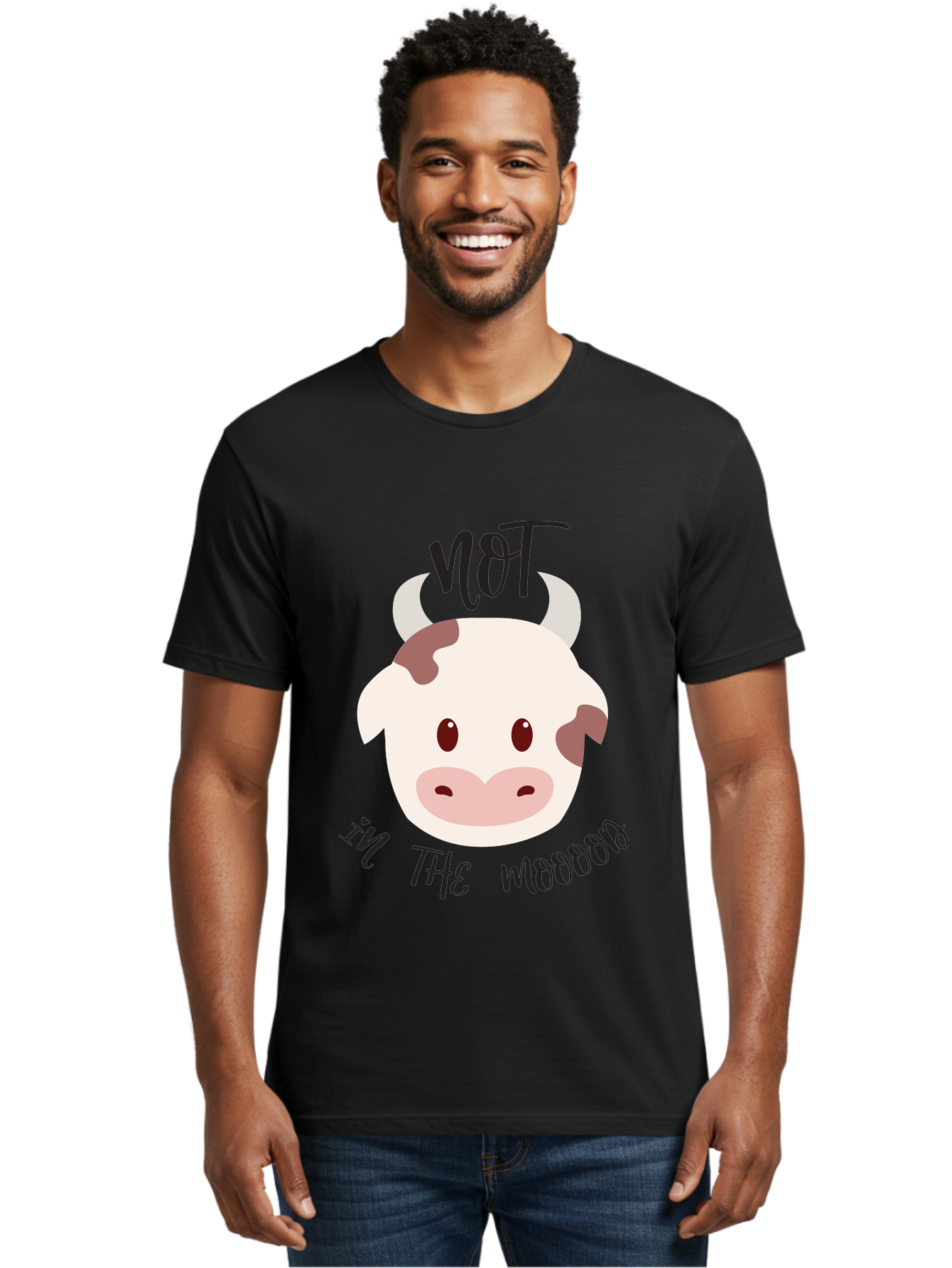 Not-In-The-Mood-Cow Men'S Graphic Tee, 100% Cotton, Comfortable Casual Summer Wear, Machine Washable, Cartoon Cow Face, Funny Cow Illustration, Cow Meme, Cow Humor, Cow Graphics, Animal Graphics, Quirky Illustration, Humorous Art Aad060