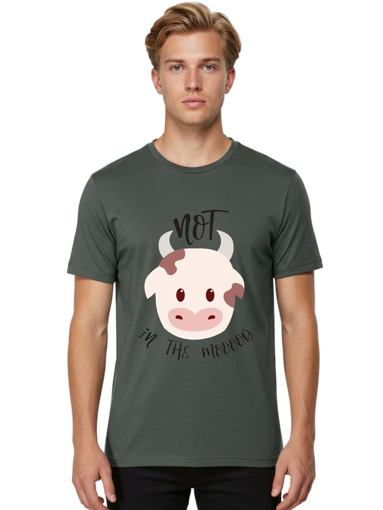 Not-In-The-Mood-Cow Men'S Graphic Tee, 100% Cotton, Comfortable Casual Summer Wear, Machine Washable, Cartoon Cow Face, Funny Cow Illustration, Cow Meme, Cow Humor, Cow Graphics, Animal Graphics, Quirky Illustration, Humorous Art Aad060