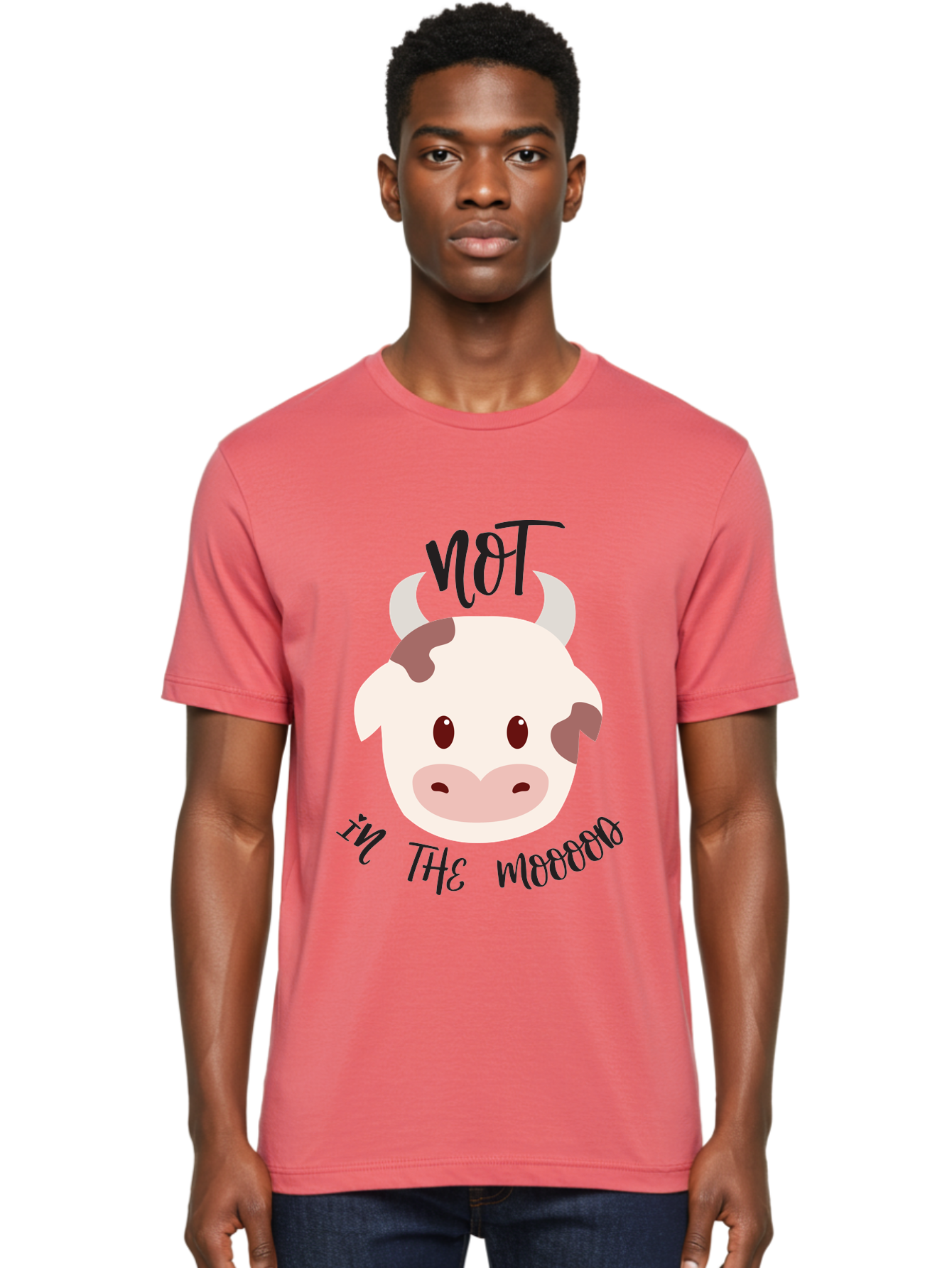 Not-In-The-Mood-Cow Men'S Graphic Tee, 100% Cotton, Comfortable Casual Summer Wear, Machine Washable, Cartoon Cow Face, Funny Cow Illustration, Cow Meme, Cow Humor, Cow Graphics, Animal Graphics, Quirky Illustration, Humorous Art Aad060