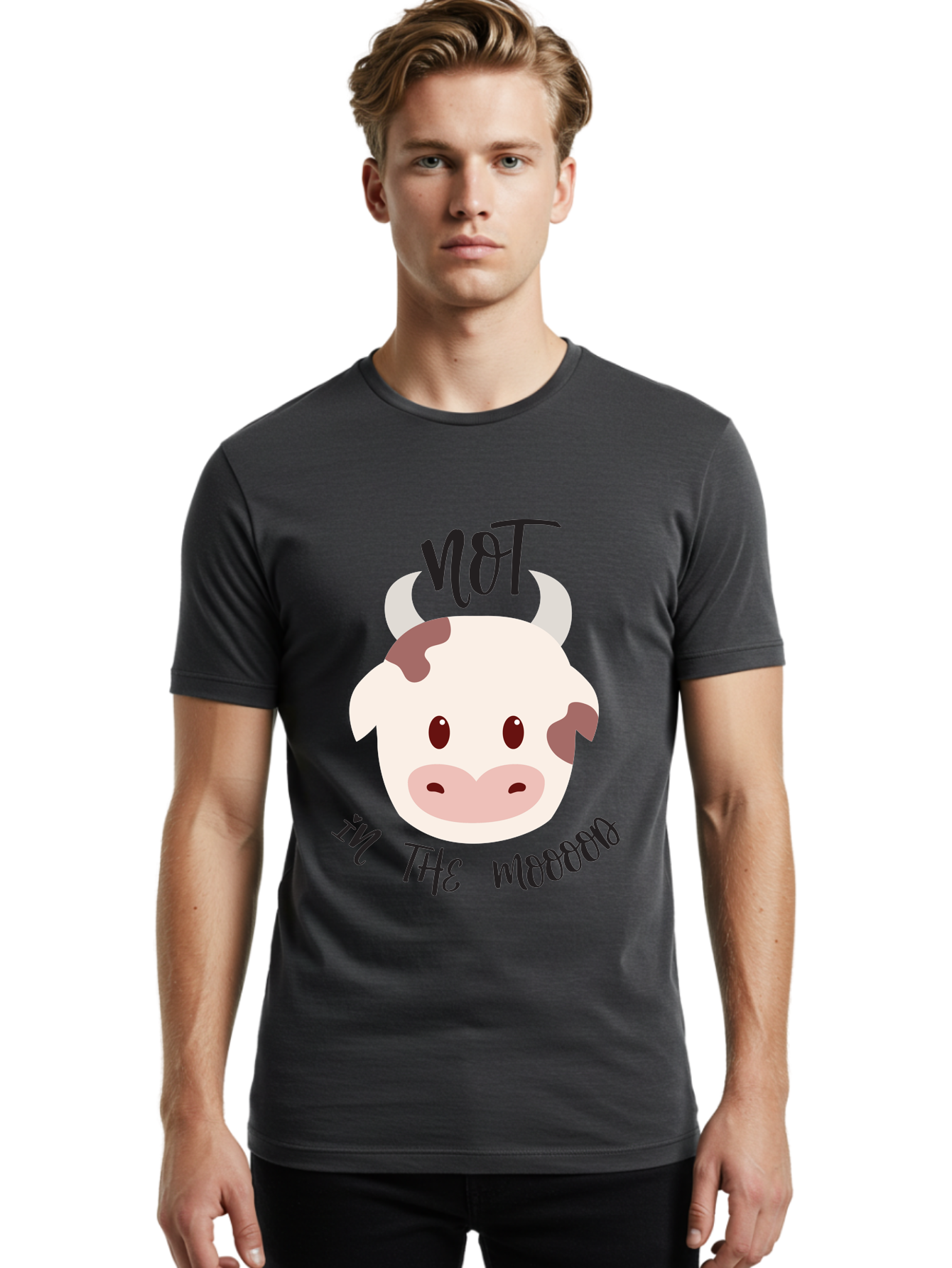 Not-In-The-Mood-Cow Men'S Graphic Tee, 100% Cotton, Comfortable Casual Summer Wear, Machine Washable, Cartoon Cow Face, Funny Cow Illustration, Cow Meme, Cow Humor, Cow Graphics, Animal Graphics, Quirky Illustration, Humorous Art Aad060
