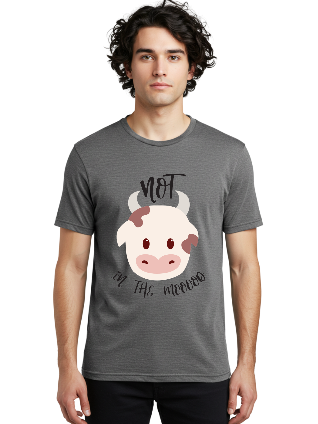 Not-In-The-Mood-Cow Men'S Graphic Tee, 100% Cotton, Comfortable Casual Summer Wear, Machine Washable, Cartoon Cow Face, Funny Cow Illustration, Cow Meme, Cow Humor, Cow Graphics, Animal Graphics, Quirky Illustration, Humorous Art Aad060