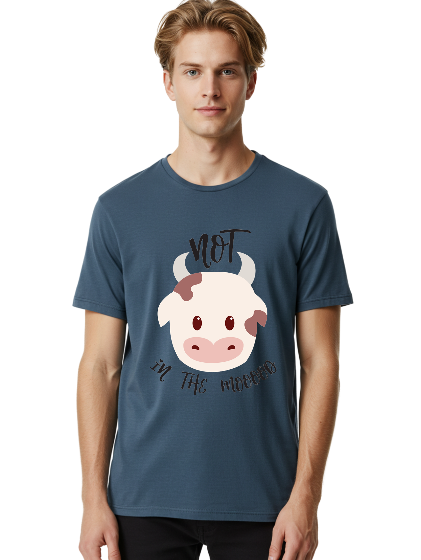 Not-In-The-Mood-Cow Men'S Graphic Tee, 100% Cotton, Comfortable Casual Summer Wear, Machine Washable, Cartoon Cow Face, Funny Cow Illustration, Cow Meme, Cow Humor, Cow Graphics, Animal Graphics, Quirky Illustration, Humorous Art Aad060