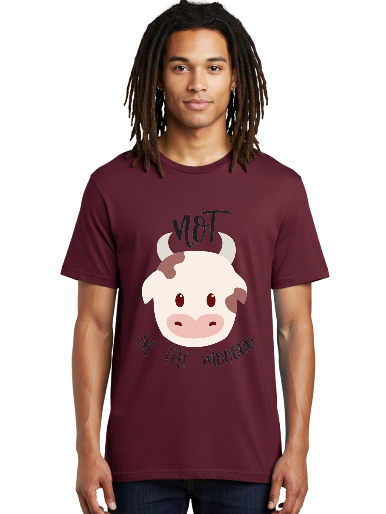 Not-In-The-Mood-Cow Men'S Graphic Tee, 100% Cotton, Comfortable Casual Summer Wear, Machine Washable, Cartoon Cow Face, Funny Cow Illustration, Cow Meme, Cow Humor, Cow Graphics, Animal Graphics, Quirky Illustration, Humorous Art Aad060