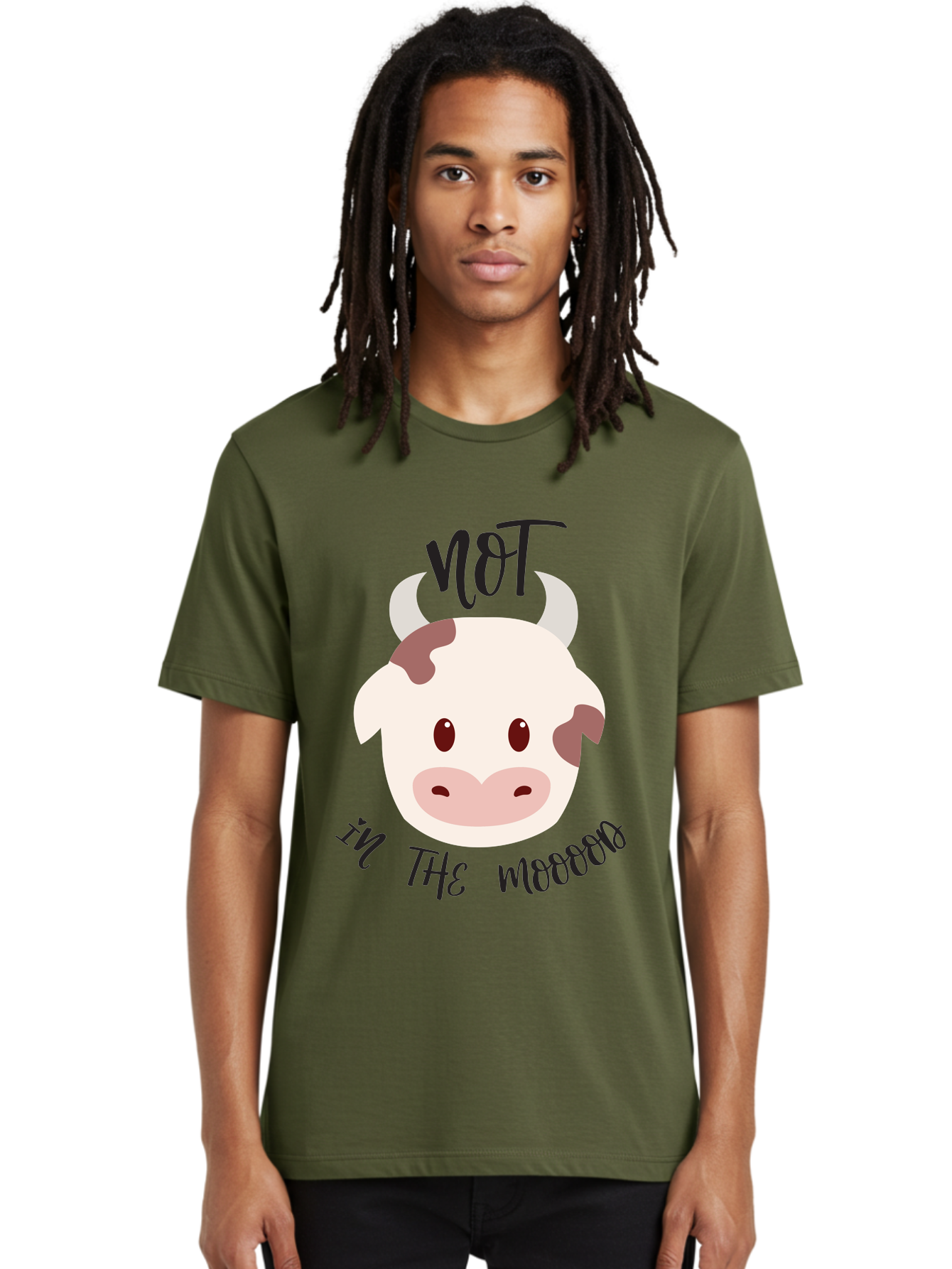 Not-In-The-Mood-Cow Men'S Graphic Tee, 100% Cotton, Comfortable Casual Summer Wear, Machine Washable, Cartoon Cow Face, Funny Cow Illustration, Cow Meme, Cow Humor, Cow Graphics, Animal Graphics, Quirky Illustration, Humorous Art Aad060