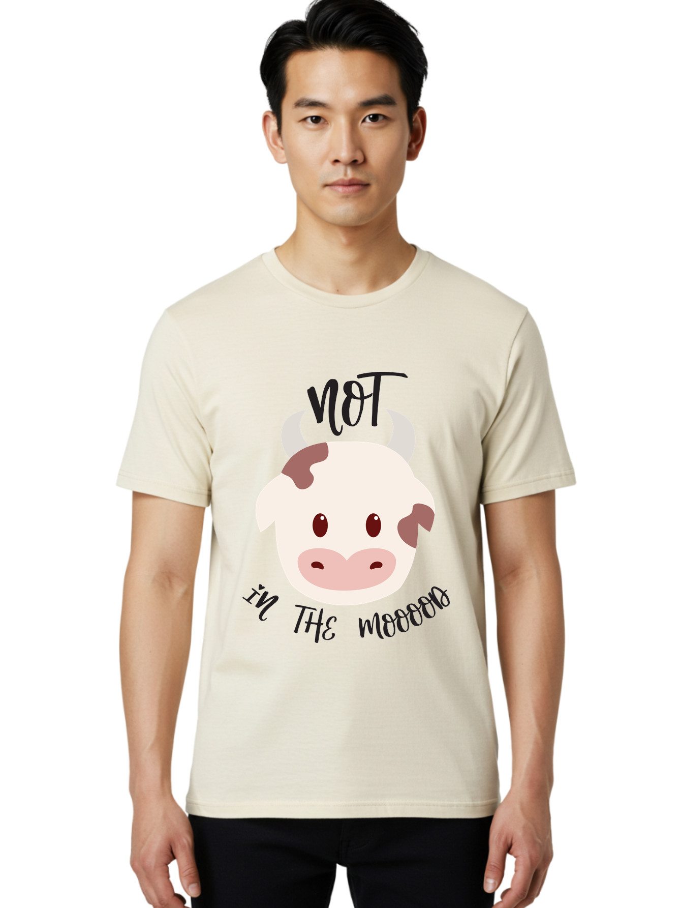 Not-In-The-Mood-Cow Men'S Graphic Tee, 100% Cotton, Comfortable Casual Summer Wear, Machine Washable, Cartoon Cow Face, Funny Cow Illustration, Cow Meme, Cow Humor, Cow Graphics, Animal Graphics, Quirky Illustration, Humorous Art Aad060
