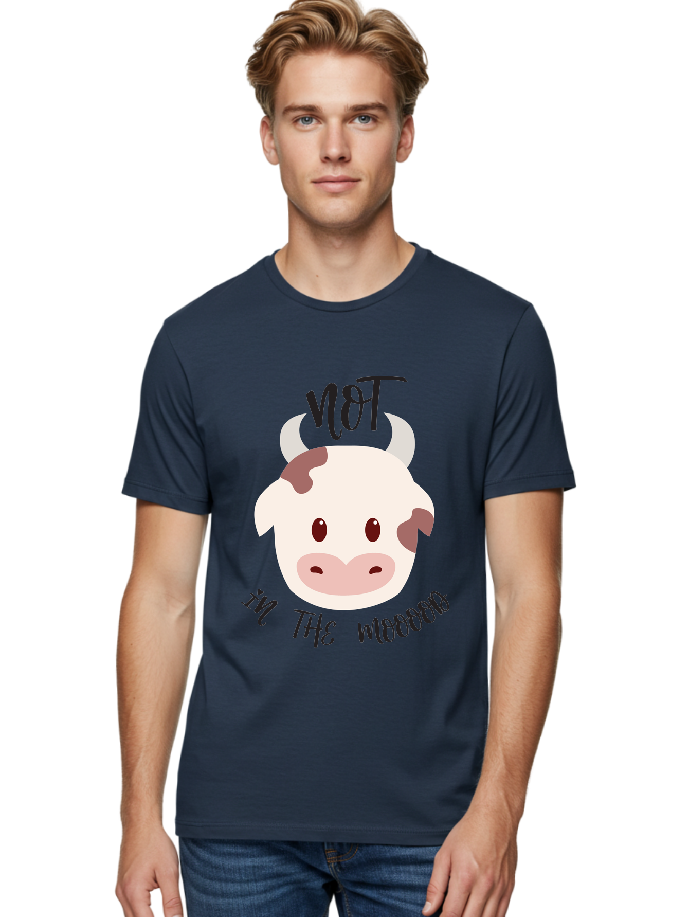 Not-In-The-Mood-Cow Men'S Graphic Tee, 100% Cotton, Comfortable Casual Summer Wear, Machine Washable, Cartoon Cow Face, Funny Cow Illustration, Cow Meme, Cow Humor, Cow Graphics, Animal Graphics, Quirky Illustration, Humorous Art Aad060