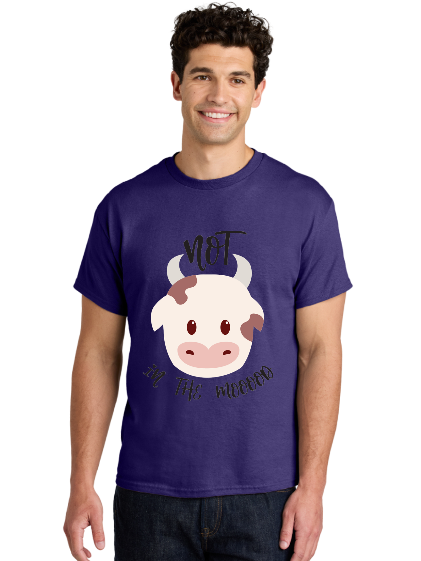 Not-In-The-Mood-Cow Men'S Graphic Tee, 100% Cotton, Comfortable Casual Summer Wear, Machine Washable, Cartoon Cow Face, Funny Cow Illustration, Cow Meme, Cow Humor, Cow Graphics, Animal Graphics, Quirky Illustration, Humorous Art Aad060