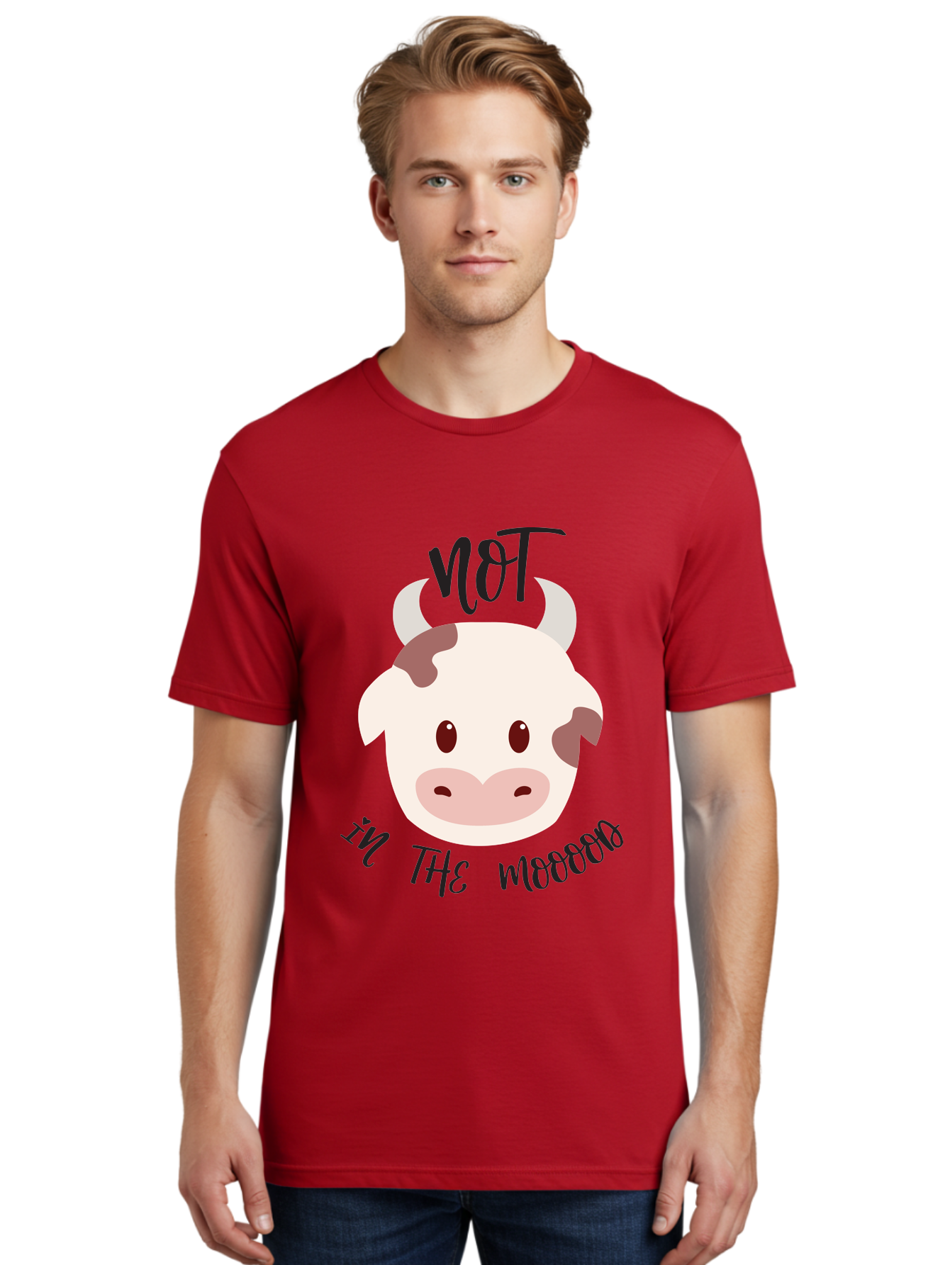 Not-In-The-Mood-Cow Men'S Graphic Tee, 100% Cotton, Comfortable Casual Summer Wear, Machine Washable, Cartoon Cow Face, Funny Cow Illustration, Cow Meme, Cow Humor, Cow Graphics, Animal Graphics, Quirky Illustration, Humorous Art Aad060