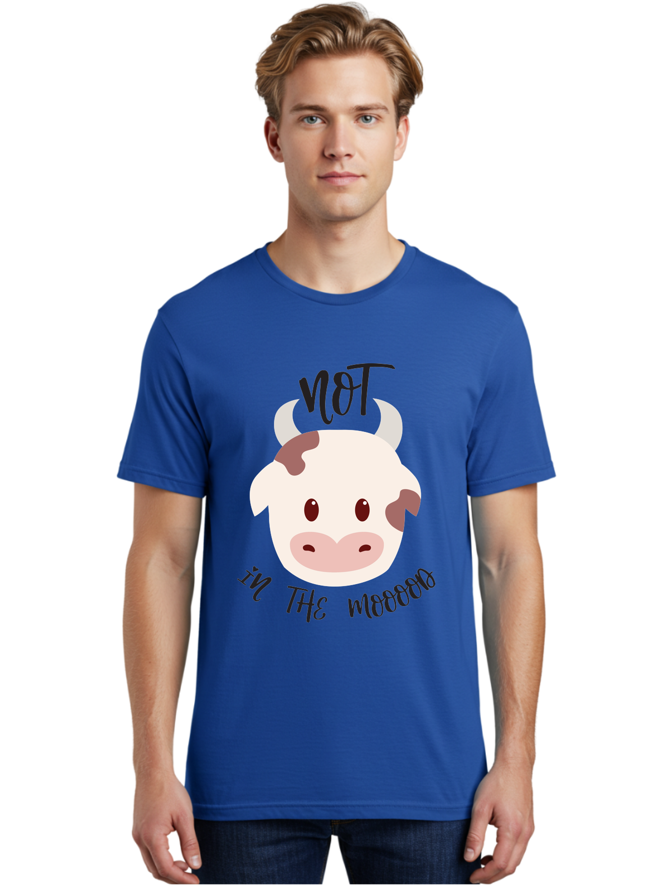 Not-In-The-Mood-Cow Men'S Graphic Tee, 100% Cotton, Comfortable Casual Summer Wear, Machine Washable, Cartoon Cow Face, Funny Cow Illustration, Cow Meme, Cow Humor, Cow Graphics, Animal Graphics, Quirky Illustration, Humorous Art Aad060