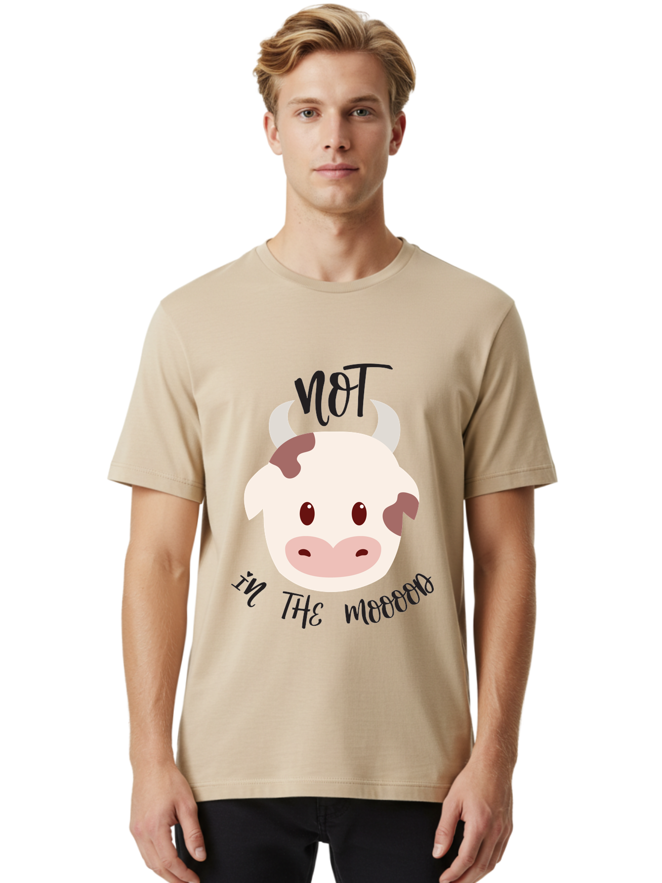 Not-In-The-Mood-Cow Men'S Graphic Tee, 100% Cotton, Comfortable Casual Summer Wear, Machine Washable, Cartoon Cow Face, Funny Cow Illustration, Cow Meme, Cow Humor, Cow Graphics, Animal Graphics, Quirky Illustration, Humorous Art Aad060