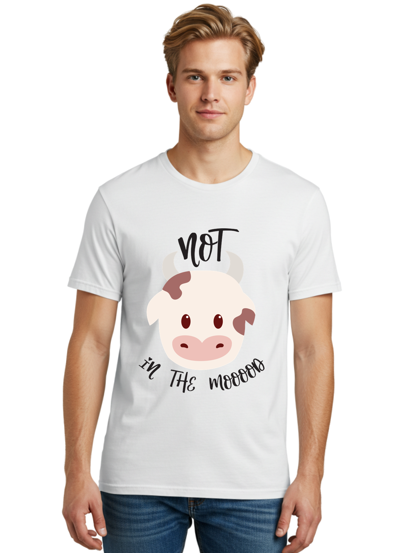 Not-In-The-Mood-Cow Men'S Graphic Tee, 100% Cotton, Comfortable Casual Summer Wear, Machine Washable, Cartoon Cow Face, Funny Cow Illustration, Cow Meme, Cow Humor, Cow Graphics, Animal Graphics, Quirky Illustration, Humorous Art Aad060