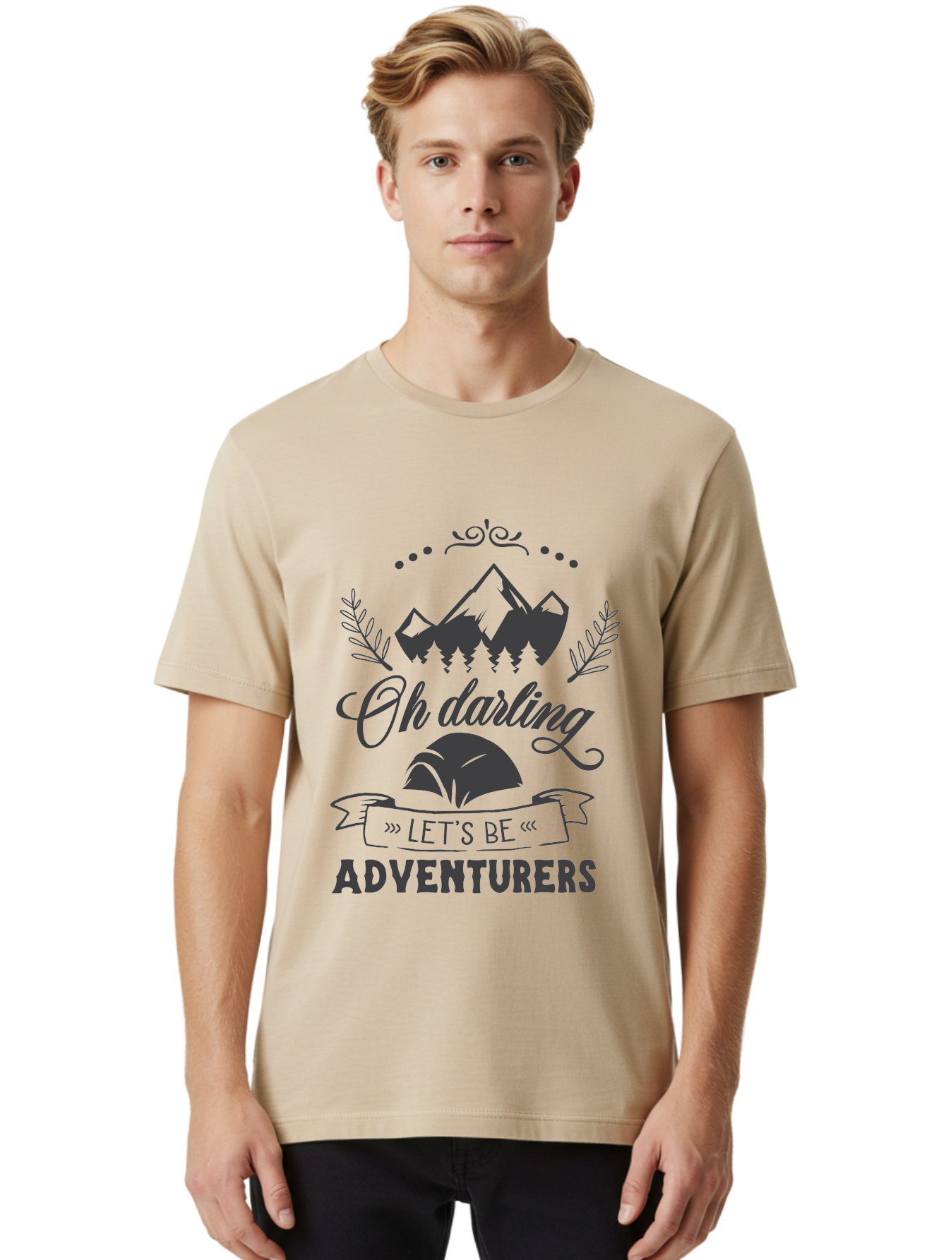 Oh-Darling-Let-S-Be-Adventurers Men'S Graphic Tee, 100% Cotton, Comfortable Casual Summer Wear, Machine Washable, Outdoor Adventure, Travel Inspiration, Wanderlust, Mountain Landscape, Forest Scenery, Inspirational Quotes, Aad066