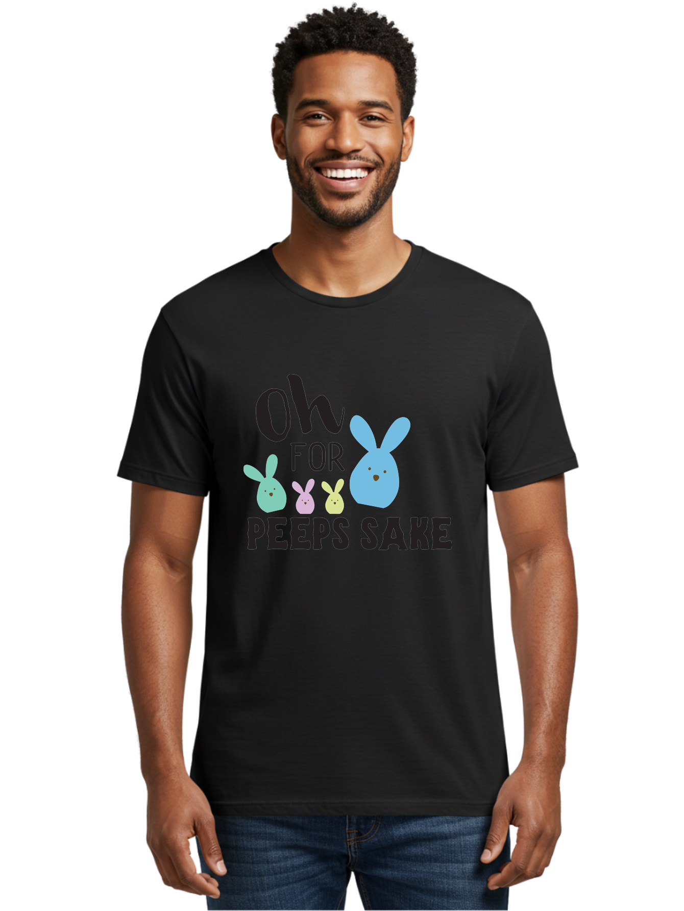 Oh-For-Peeps-Sake Men'S Graphic Tee, 100% Cotton, Comfortable Casual Summer Wear, Machine Washable, Easter Bunnies, Pastel Colors, Cute Cartoon Characters, Funny Easter Quote, Peeps Candy, Bunny Love, Easter Fun, Spring Vibes Aad067