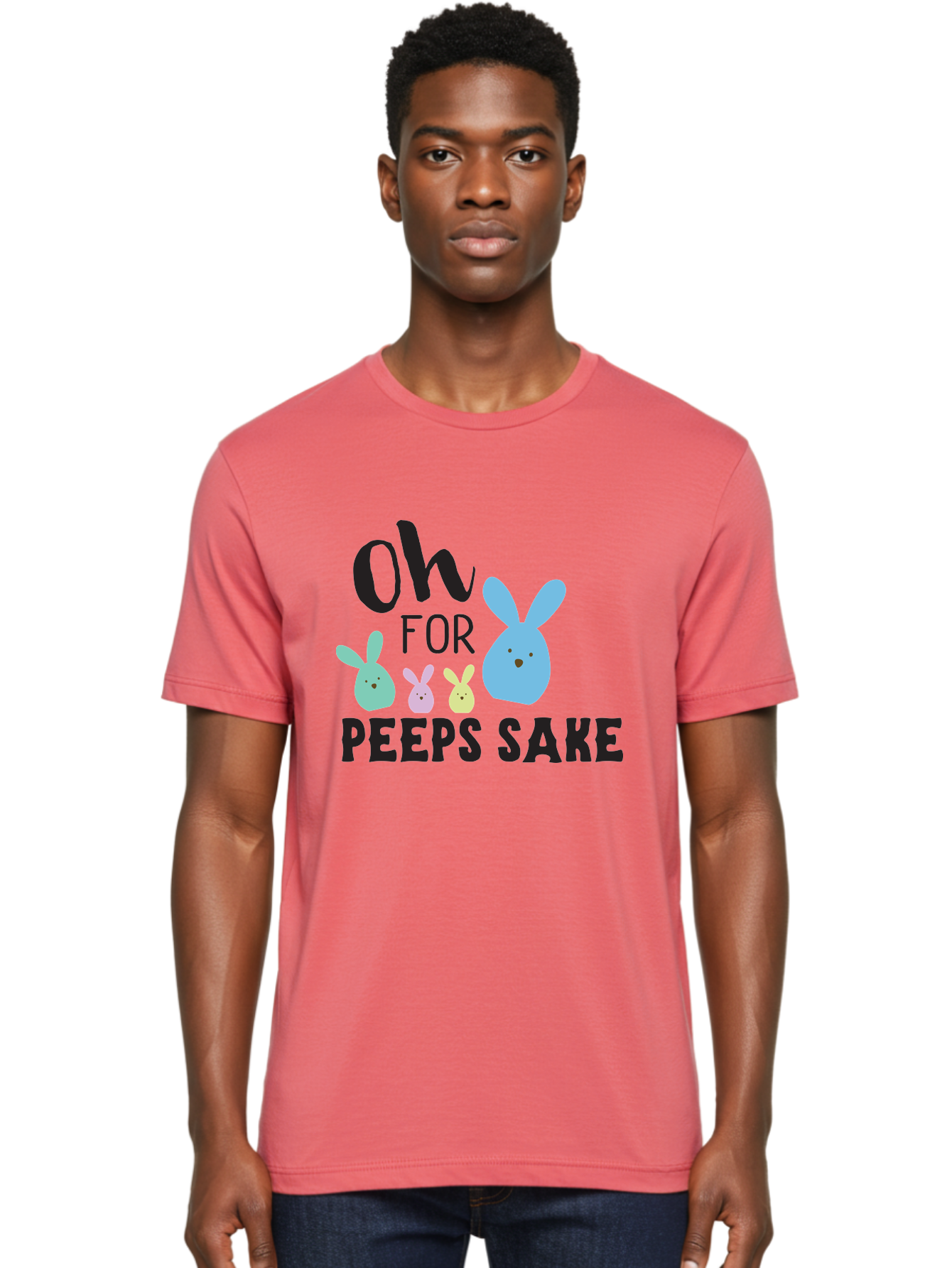 Oh-For-Peeps-Sake Men'S Graphic Tee, 100% Cotton, Comfortable Casual Summer Wear, Machine Washable, Easter Bunnies, Pastel Colors, Cute Cartoon Characters, Funny Easter Quote, Peeps Candy, Bunny Love, Easter Fun, Spring Vibes Aad067