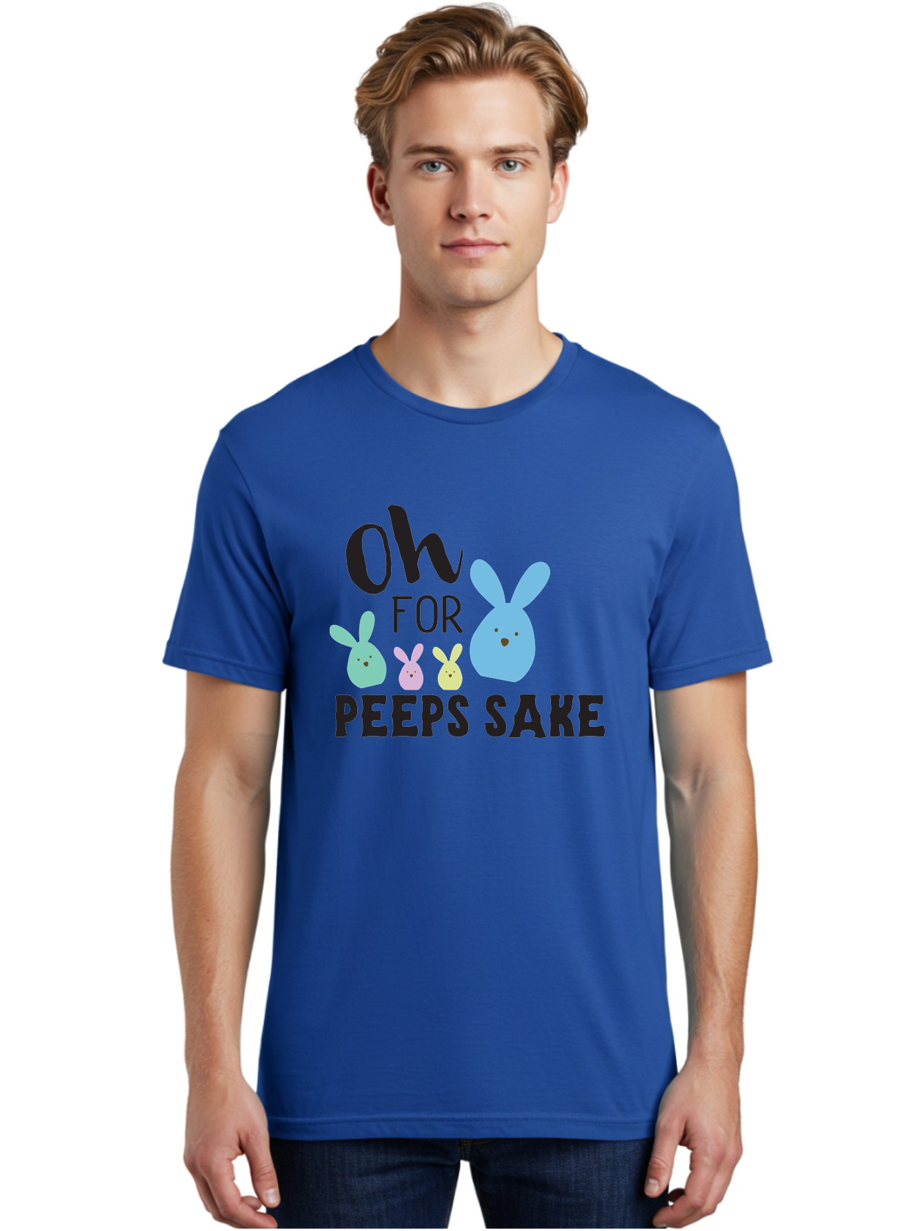 Oh-For-Peeps-Sake Men'S Graphic Tee, 100% Cotton, Comfortable Casual Summer Wear, Machine Washable, Easter Bunnies, Pastel Colors, Cute Cartoon Characters, Funny Easter Quote, Peeps Candy, Bunny Love, Easter Fun, Spring Vibes Aad067