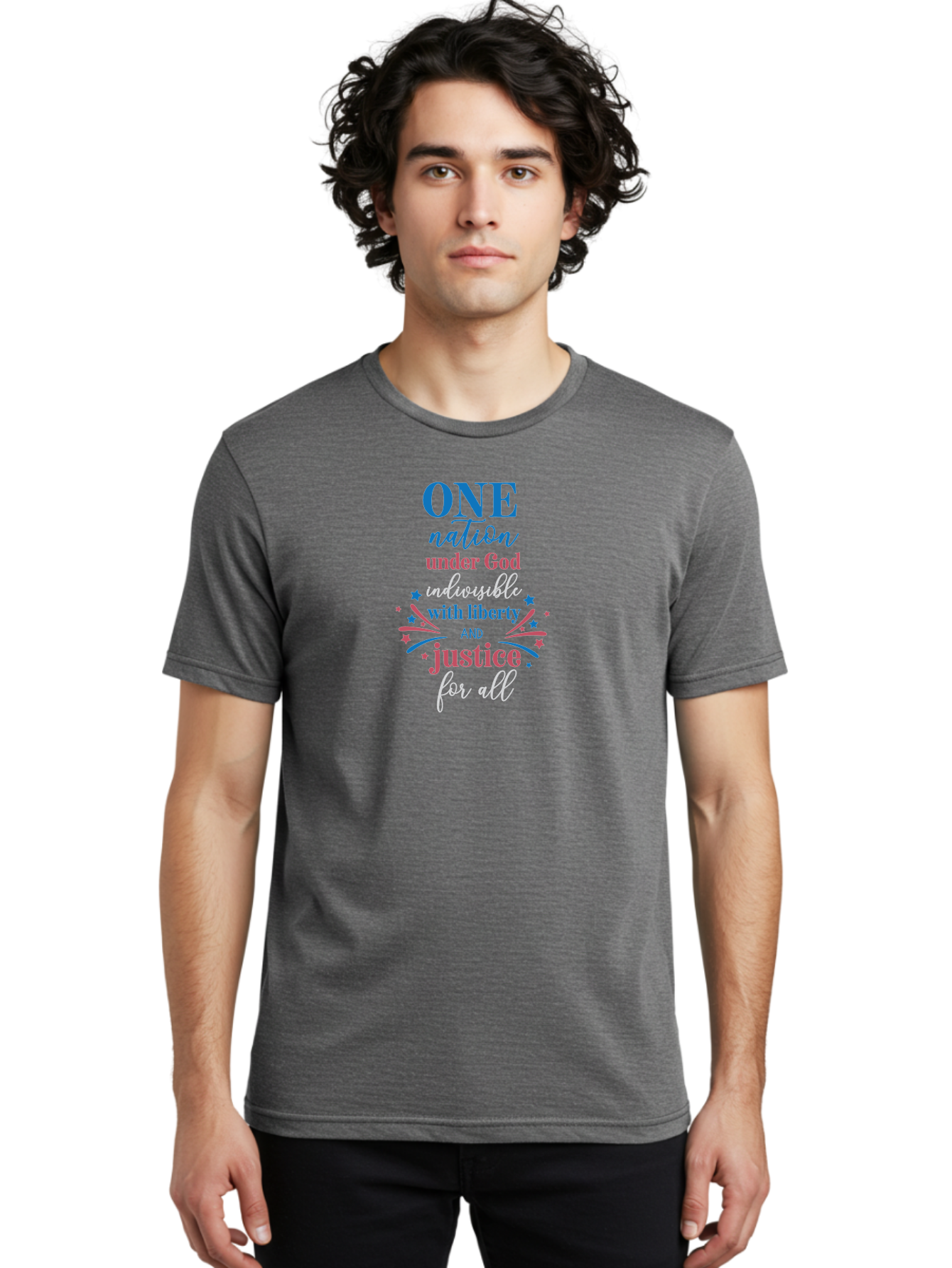 One-Nation-Under-God-Indivisible-With-Liberty-And-Justice-For-All Men'S Graphic Tee, 100% Cotton, Comfortable Casual Summer Wear, Machine Washable, Patriotic Quote, Pledge Of Allegiance, National Pride, American Values, Unity, Freedom, Aad072