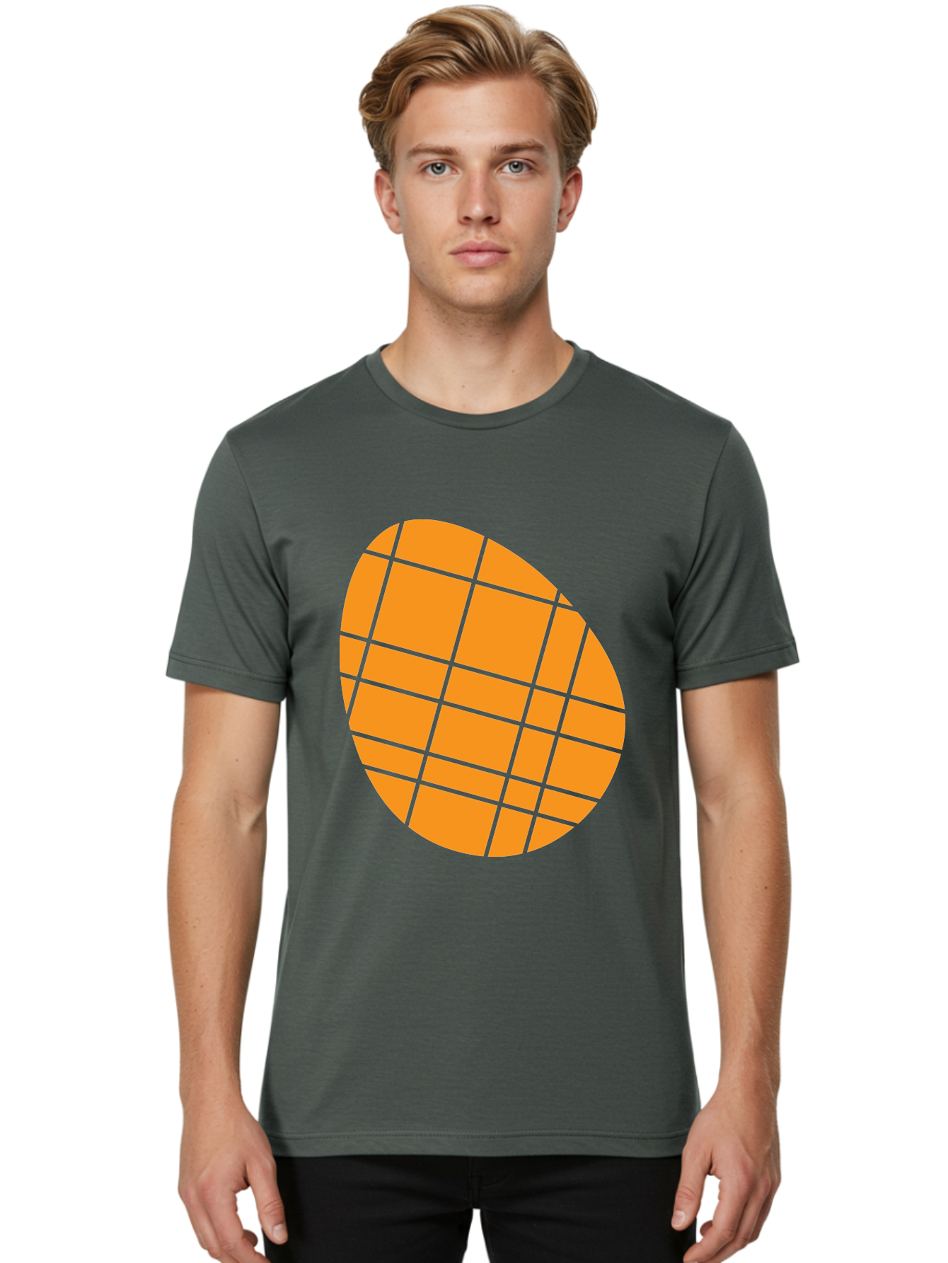 Orange-Grid-Circle Men'S Graphic Tee, 100% Cotton, Comfortable Casual Summer Wear, Machine Washable, Orange Circle, Grid Pattern, Neon Green Grid, Abstract Design, Modern Art, Geometric Shape Aad073