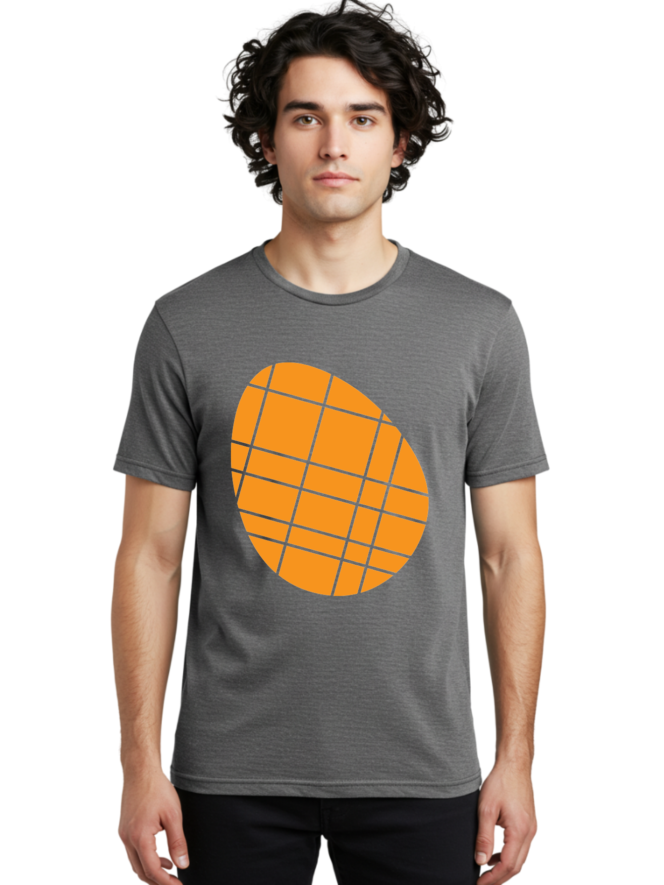 Orange-Grid-Circle Men'S Graphic Tee, 100% Cotton, Comfortable Casual Summer Wear, Machine Washable, Orange Circle, Grid Pattern, Neon Green Grid, Abstract Design, Modern Art, Geometric Shape Aad073