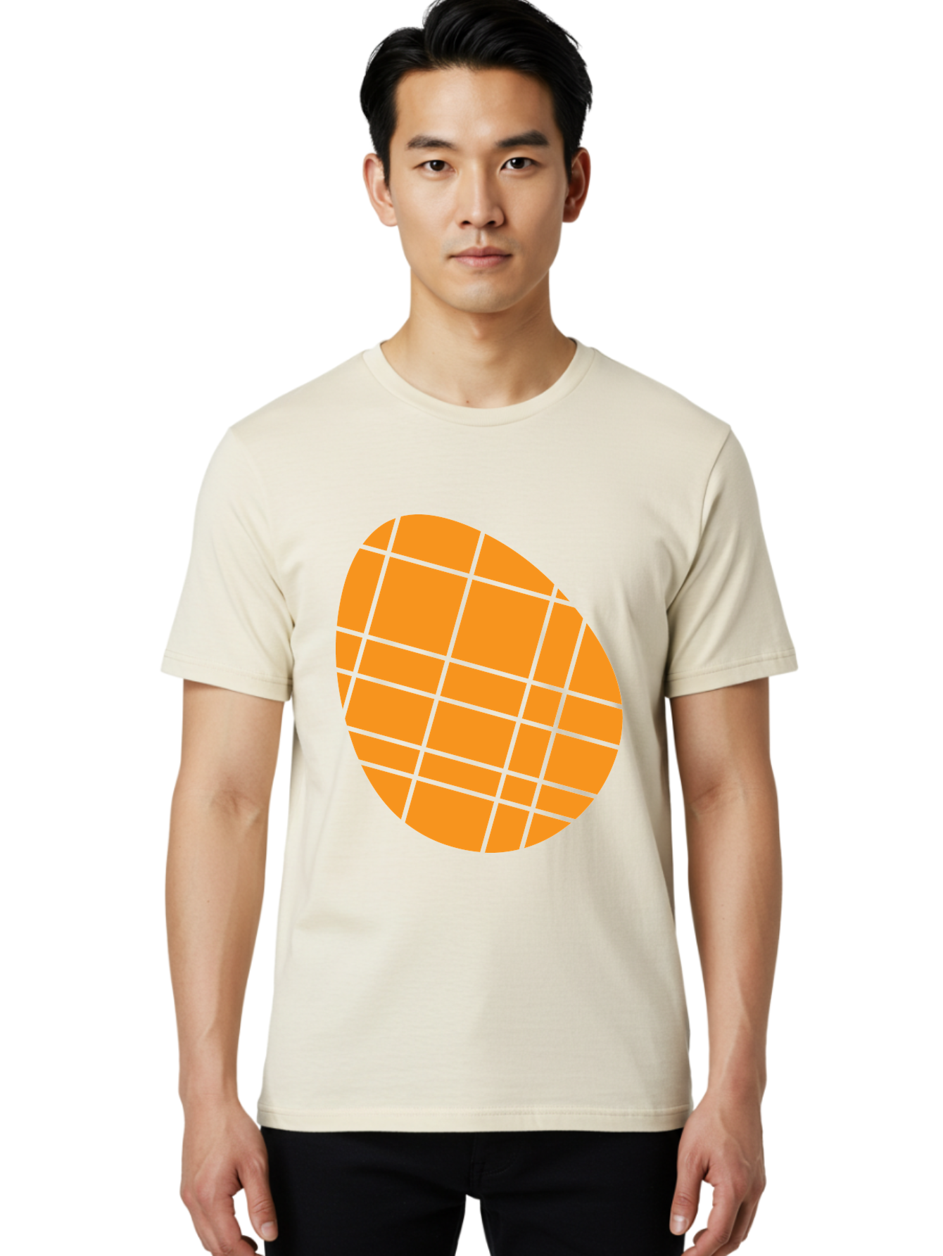Orange-Grid-Circle Men'S Graphic Tee, 100% Cotton, Comfortable Casual Summer Wear, Machine Washable, Orange Circle, Grid Pattern, Neon Green Grid, Abstract Design, Modern Art, Geometric Shape Aad073