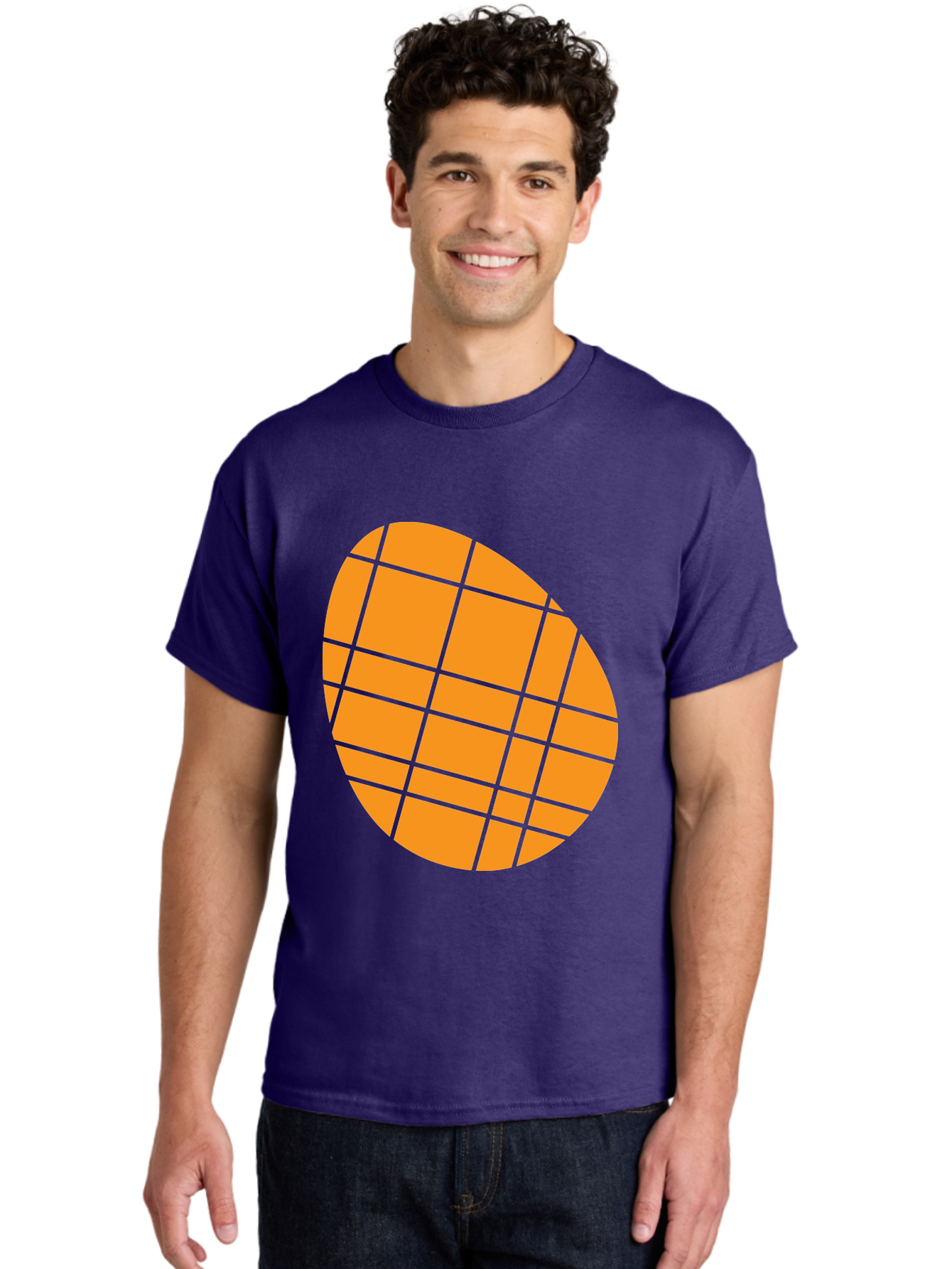 Orange-Grid-Circle Men'S Graphic Tee, 100% Cotton, Comfortable Casual Summer Wear, Machine Washable, Orange Circle, Grid Pattern, Neon Green Grid, Abstract Design, Modern Art, Geometric Shape Aad073