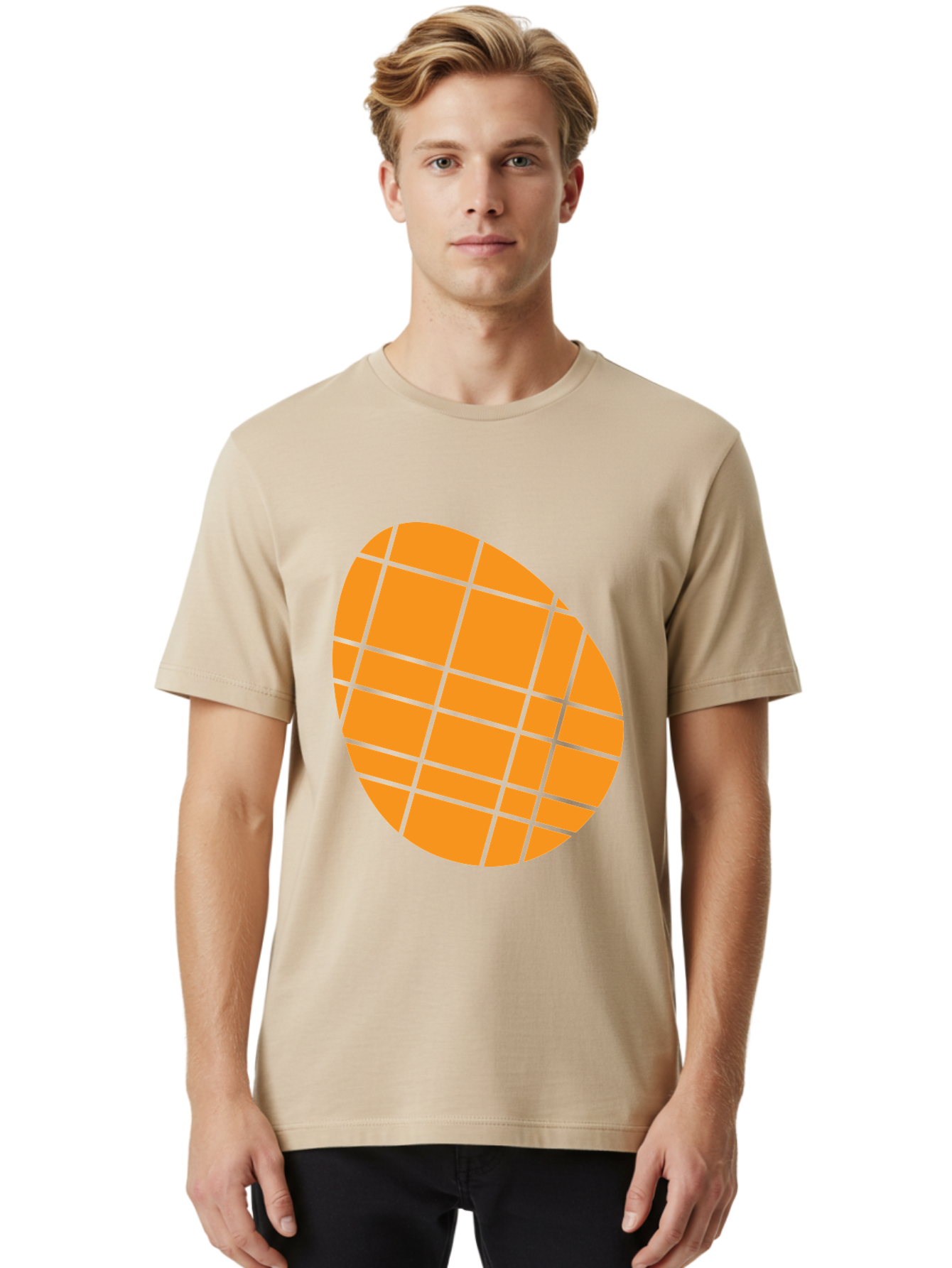 Orange-Grid-Circle Men'S Graphic Tee, 100% Cotton, Comfortable Casual Summer Wear, Machine Washable, Orange Circle, Grid Pattern, Neon Green Grid, Abstract Design, Modern Art, Geometric Shape Aad073