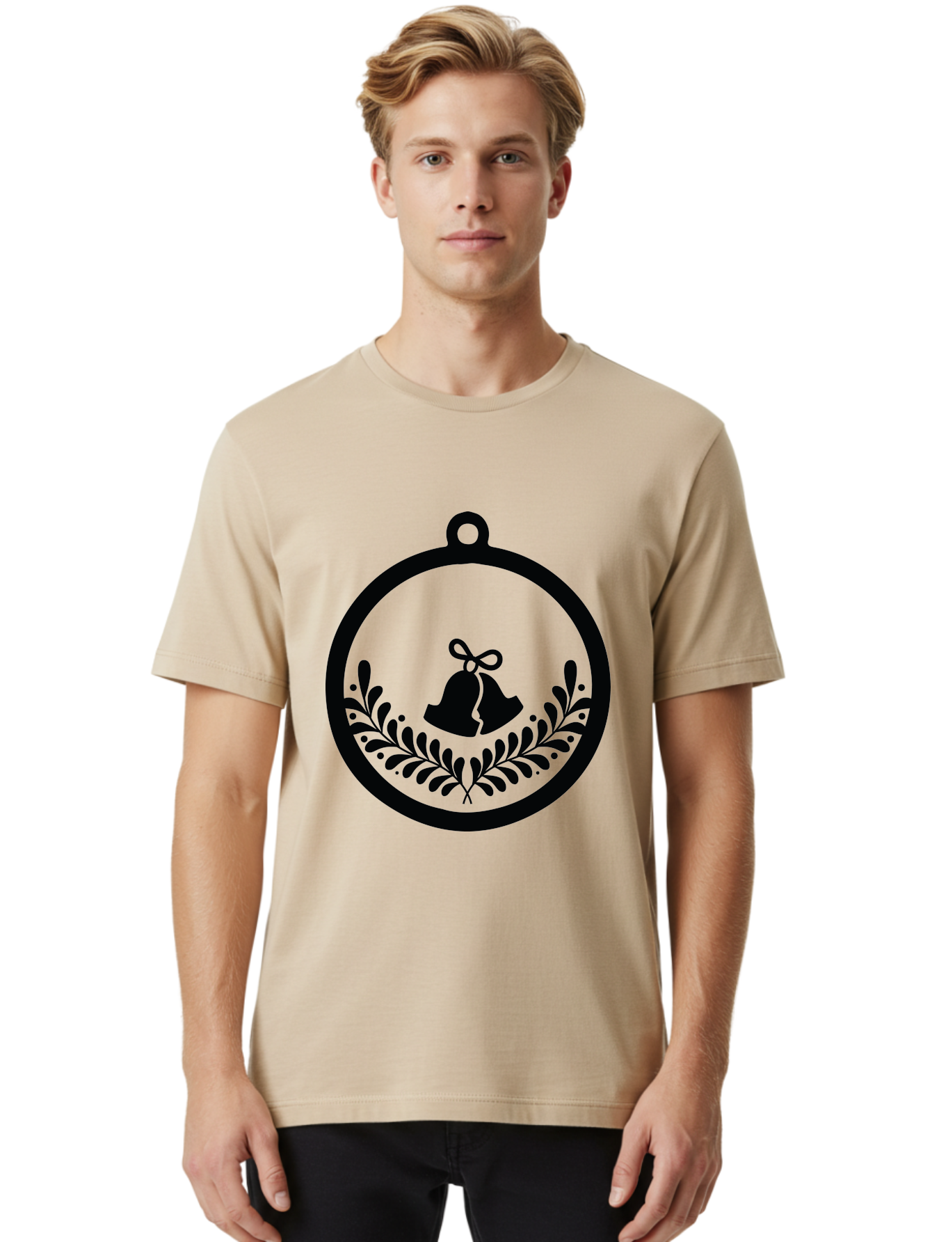 Ornament-With-Bells Men'S Graphic Tee, 100% Cotton, Comfortable Casual Summer Wear, Machine Washable, Christmas Ornament, Festive Decoration, Holiday Symbol, Decorative Bell, Floral Design, Winter Theme, Seasonal Decor Aad074