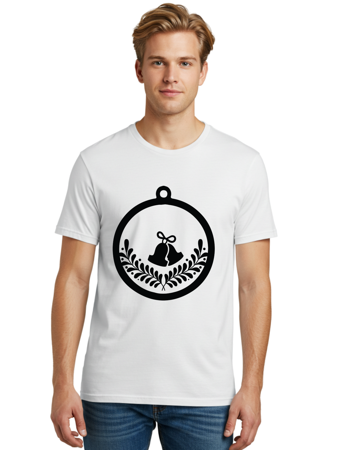 Ornament-With-Bells Men'S Graphic Tee, 100% Cotton, Comfortable Casual Summer Wear, Machine Washable, Christmas Ornament, Festive Decoration, Holiday Symbol, Decorative Bell, Floral Design, Winter Theme, Seasonal Decor Aad074