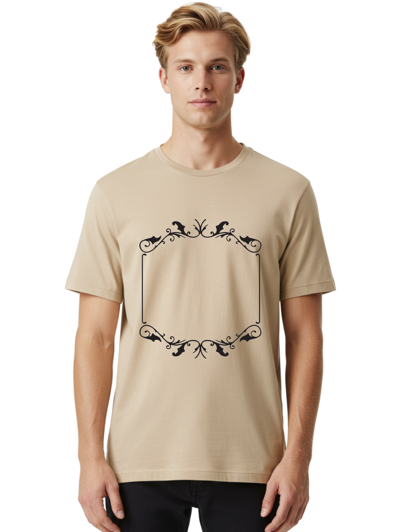 Ornate-Frame Men'S Graphic Tee, 100% Cotton, Comfortable Casual Summer Wear, Machine Washable, Floral Frame, Black Frame, Decorative Border, Elegant Design, Symmetrical, Ornate Details, Vintage Style, Classic Pattern Aad078