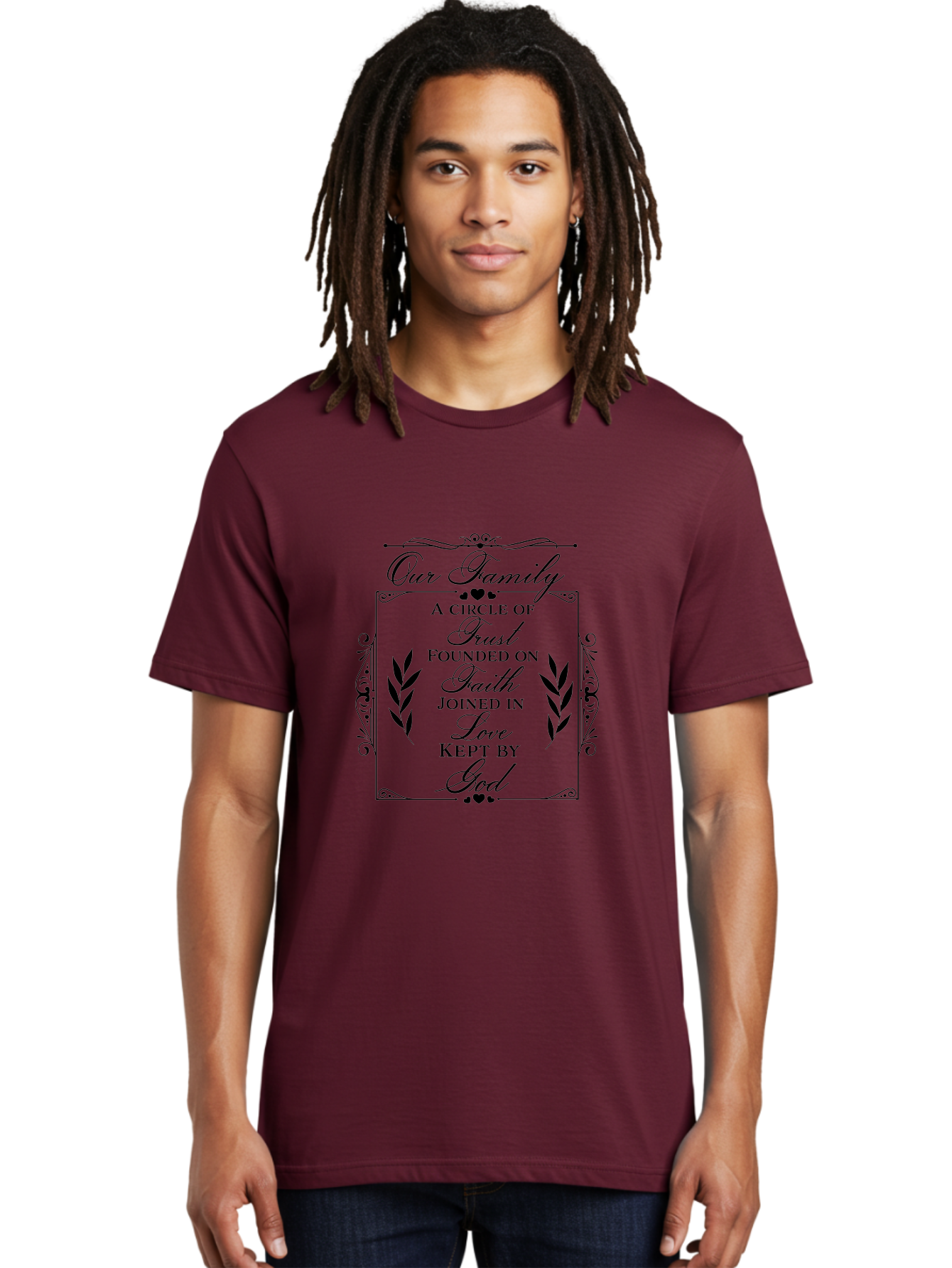 Our-Family Men'S Graphic Tee, 100% Cotton, Comfortable Casual Summer Wear, Machine Washable, Family Values, Trust, Faith, Love, God, Heartwarming Quotes, Inspirational Quotes, Decorative Text, Family Bonding Aad079
