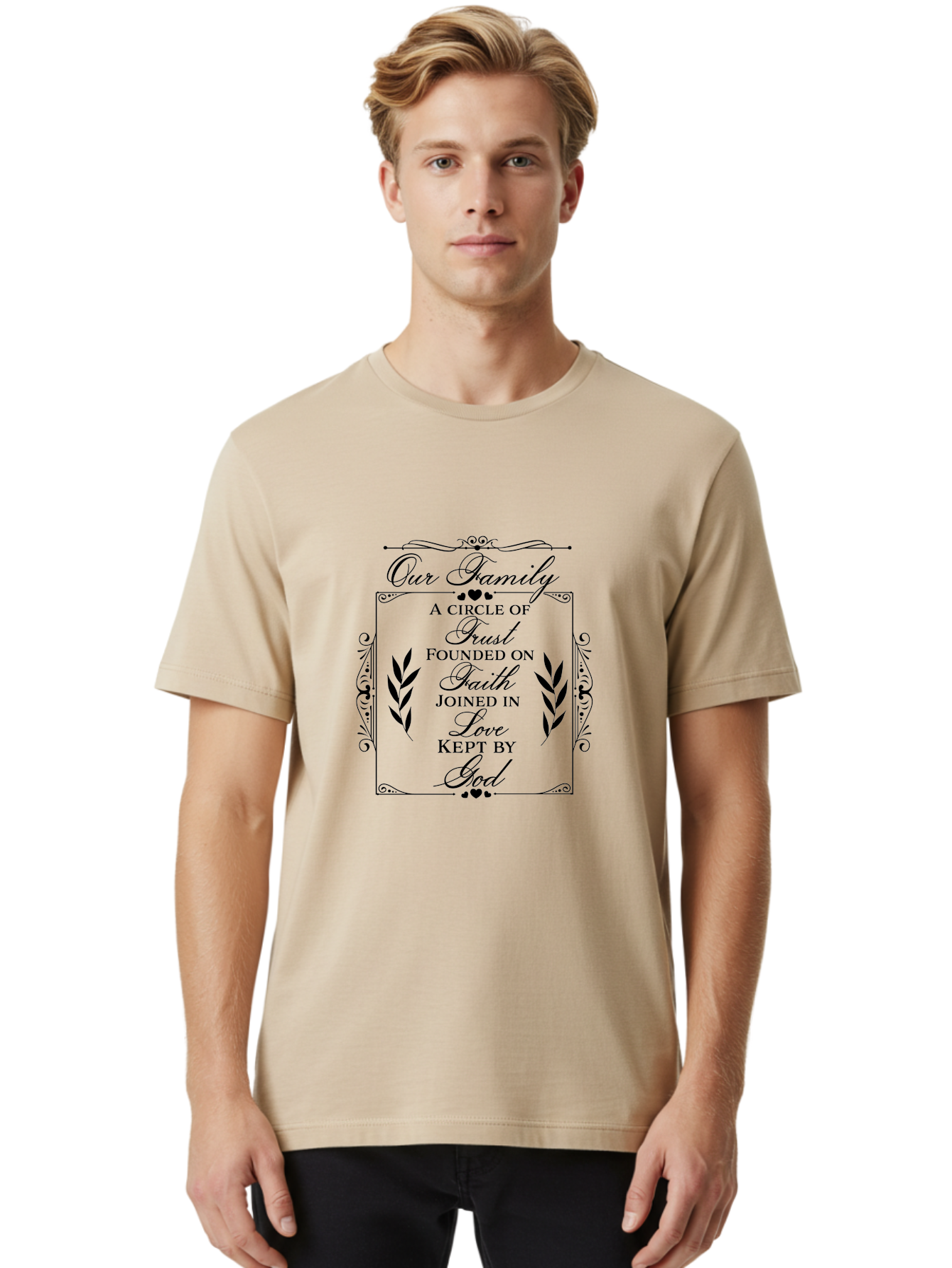 Our-Family Men'S Graphic Tee, 100% Cotton, Comfortable Casual Summer Wear, Machine Washable, Family Values, Trust, Faith, Love, God, Heartwarming Quotes, Inspirational Quotes, Decorative Text, Family Bonding Aad079
