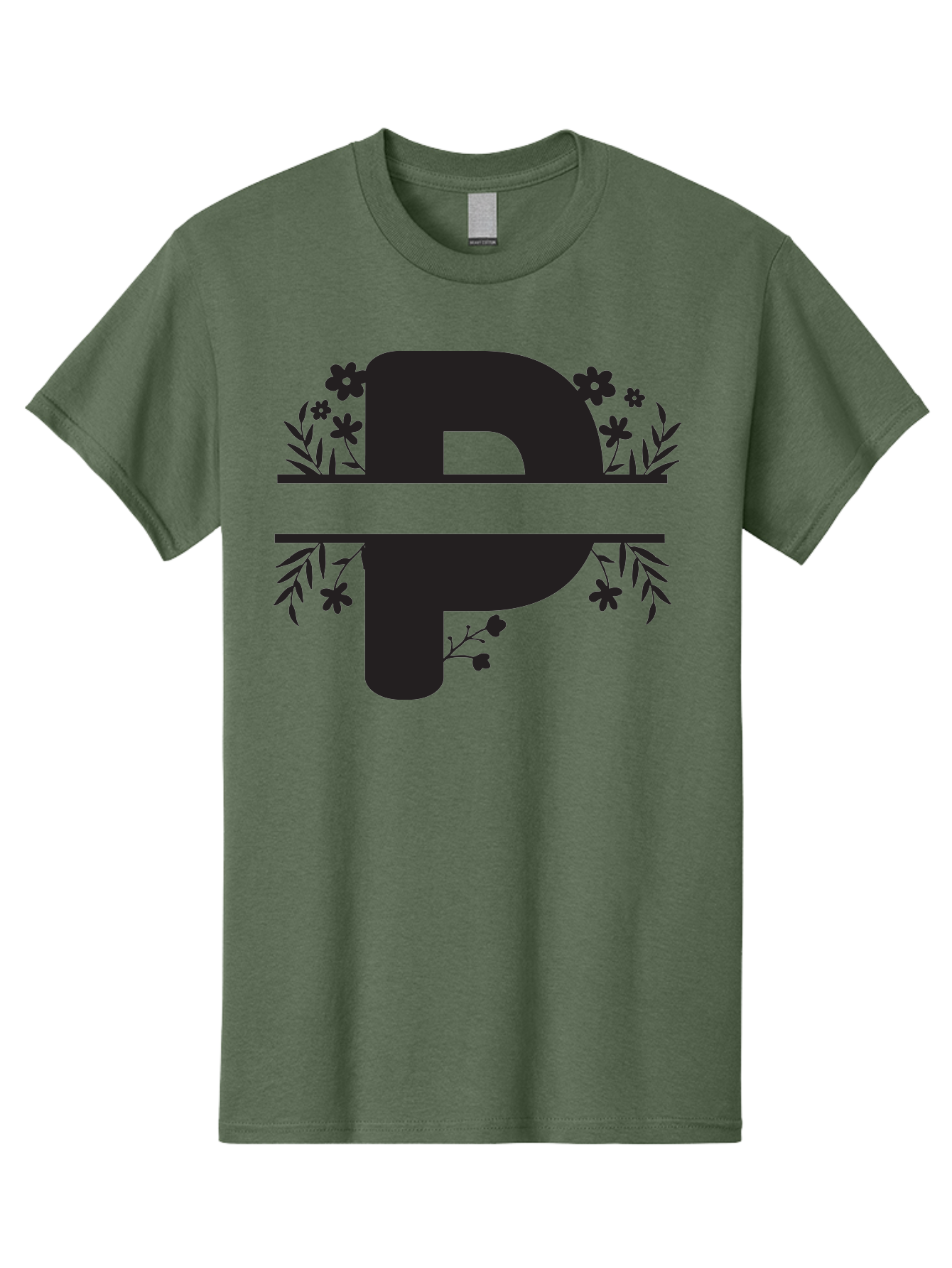 P-1 Men'S Graphic Tee, 100% Cotton, Comfortable Casual Summer Wear, Machine Washable, Large Black Letter P, Floral Designs, Flowers And Leaves, Black Silhouettes, Bold Typography, Decorative Elements, Symbolic Representation Aad081