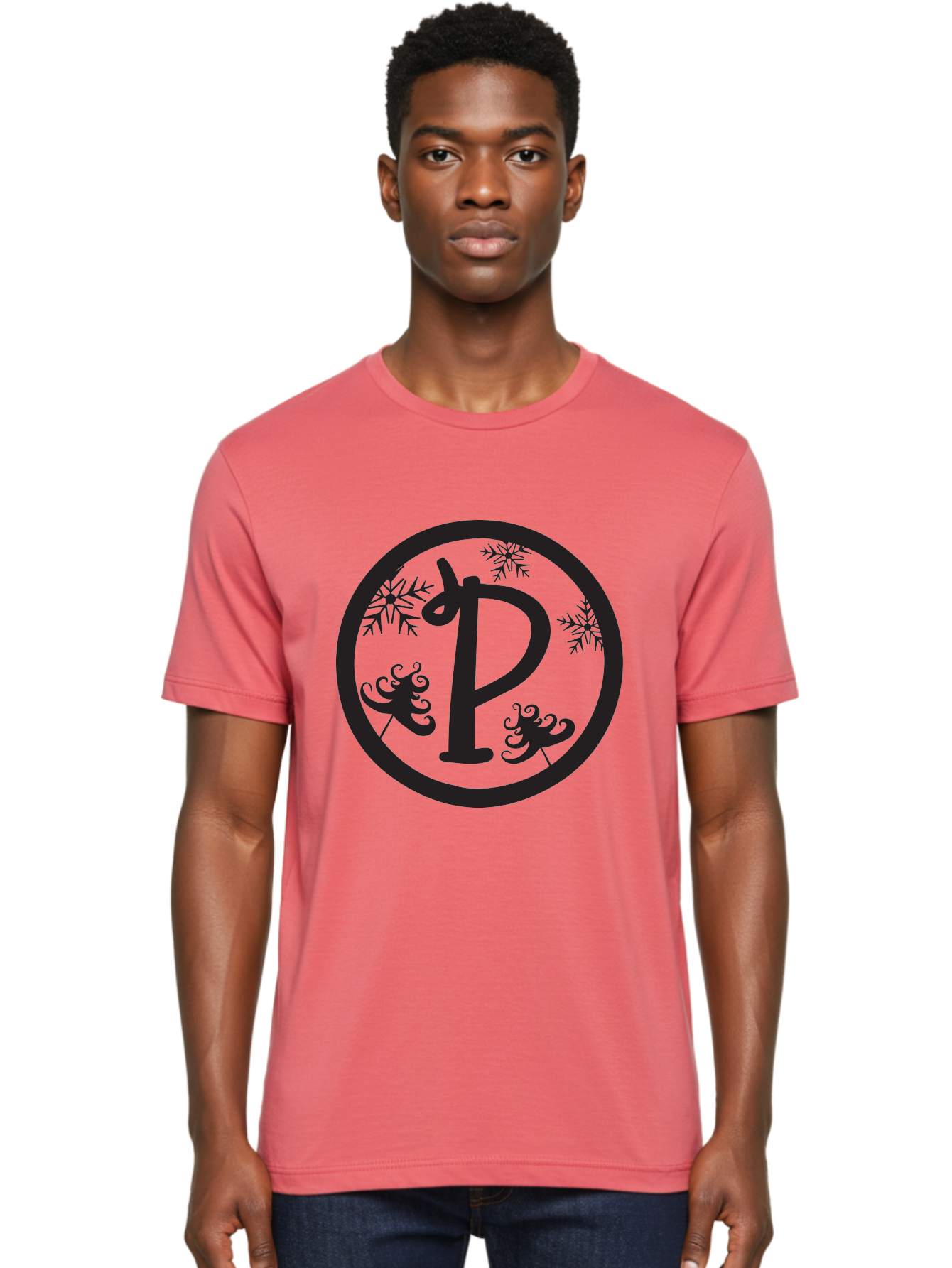 P Men'S Graphic Tee, 100% Cotton, Comfortable Casual Summer Wear, Machine Washable, Winter Wonderland, Festive Decorations, Christmas Trees, Snowflakes, Holiday Season, Elegant Typography, Black Silhouette, Decorative Elements Aad082
