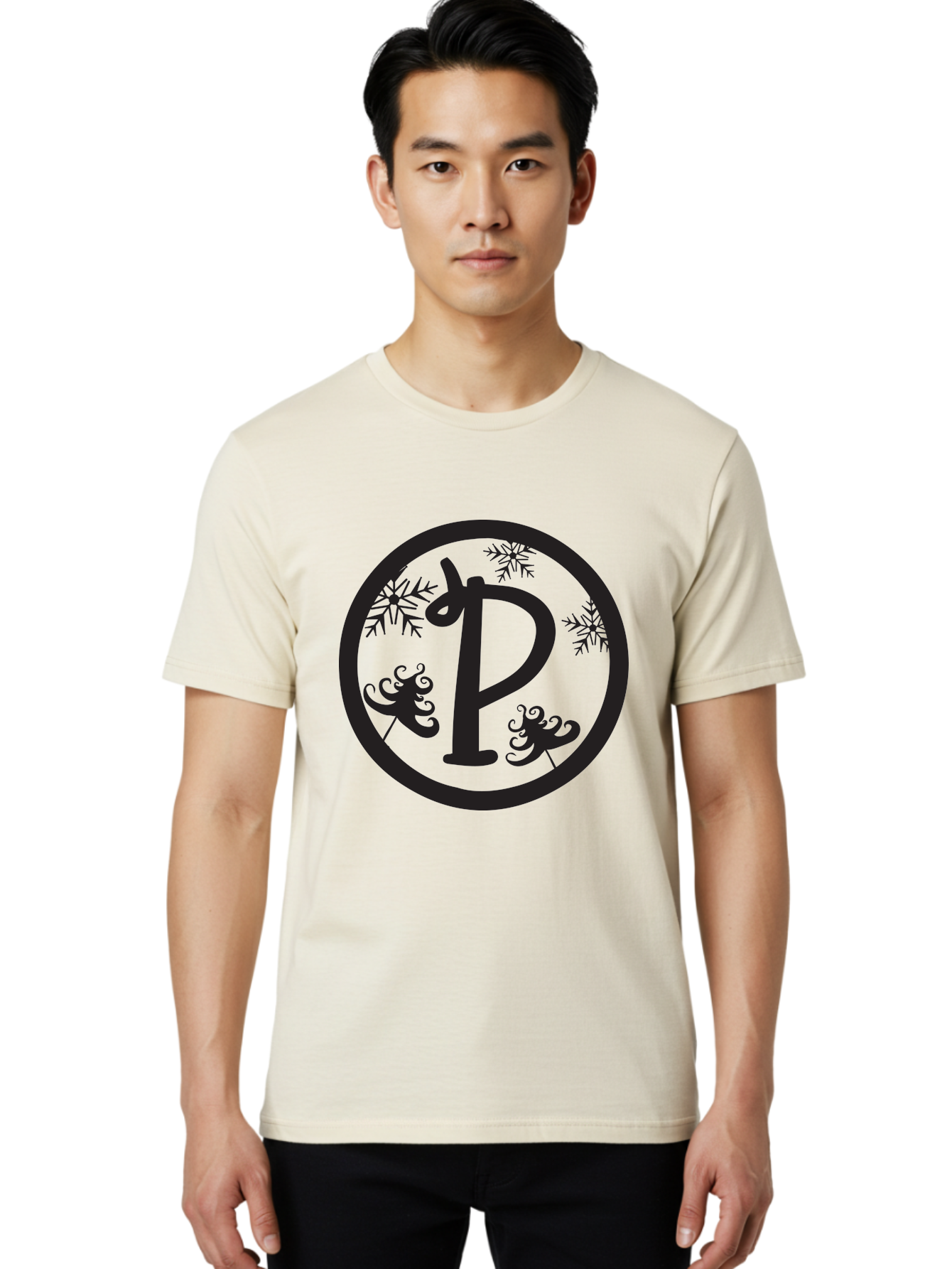 P Men'S Graphic Tee, 100% Cotton, Comfortable Casual Summer Wear, Machine Washable, Winter Wonderland, Festive Decorations, Christmas Trees, Snowflakes, Holiday Season, Elegant Typography, Black Silhouette, Decorative Elements Aad082