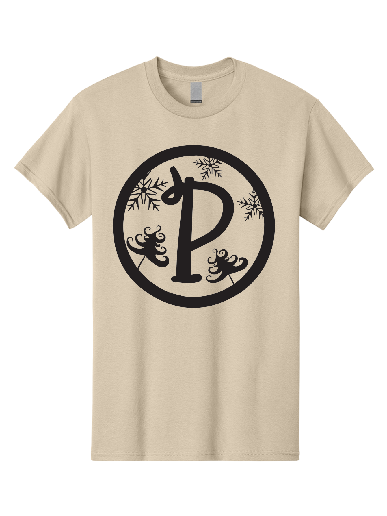 P Men'S Graphic Tee, 100% Cotton, Comfortable Casual Summer Wear, Machine Washable, Winter Wonderland, Festive Decorations, Christmas Trees, Snowflakes, Holiday Season, Elegant Typography, Black Silhouette, Decorative Elements Aad082