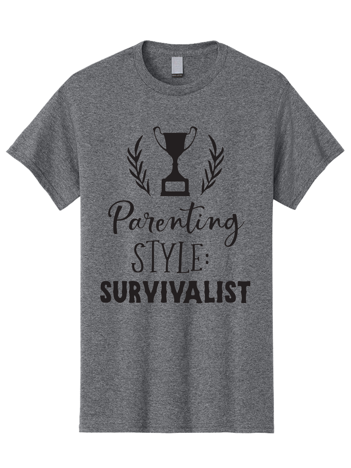 Parenting-Style-Survivalist Men'S Graphic Tee, 100% Cotton, Comfortable Casual Summer Wear, Machine Washable, Parenting Style, Survivalist Parents, Humorous Parenting, Parenting Humor, Trophy Award, Laurel Wreath, Parenting Challenges, Aad083