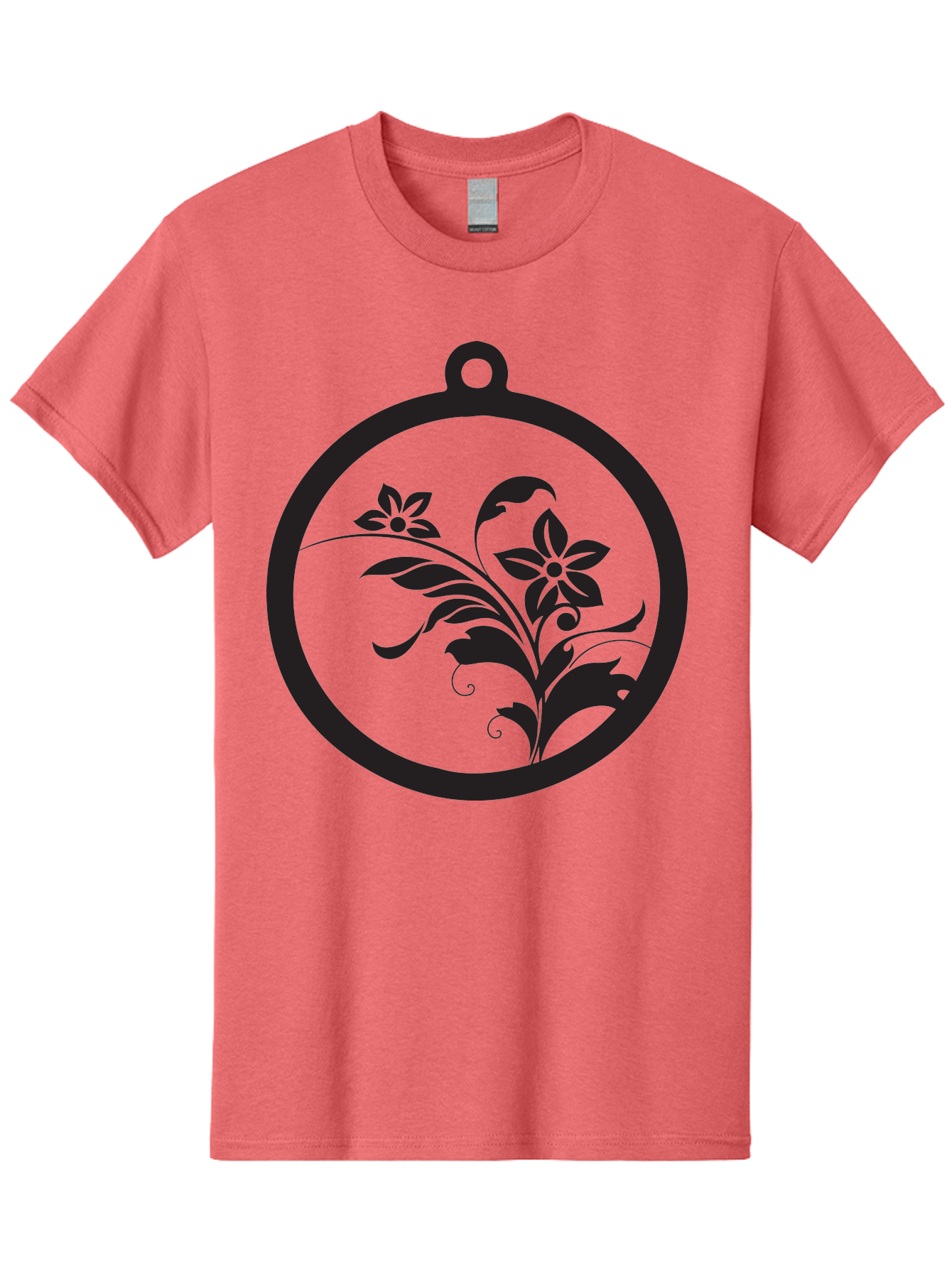 Pendant-With-Flowers Men'S Graphic Tee, 100% Cotton, Comfortable Casual Summer Wear, Machine Washable, Floral Design, Pendant Shape, Circular Frame, Black Silhouette, Stylized Flowers, Leaves, Botanical Art, Jewelry Inspiration, Aad086
