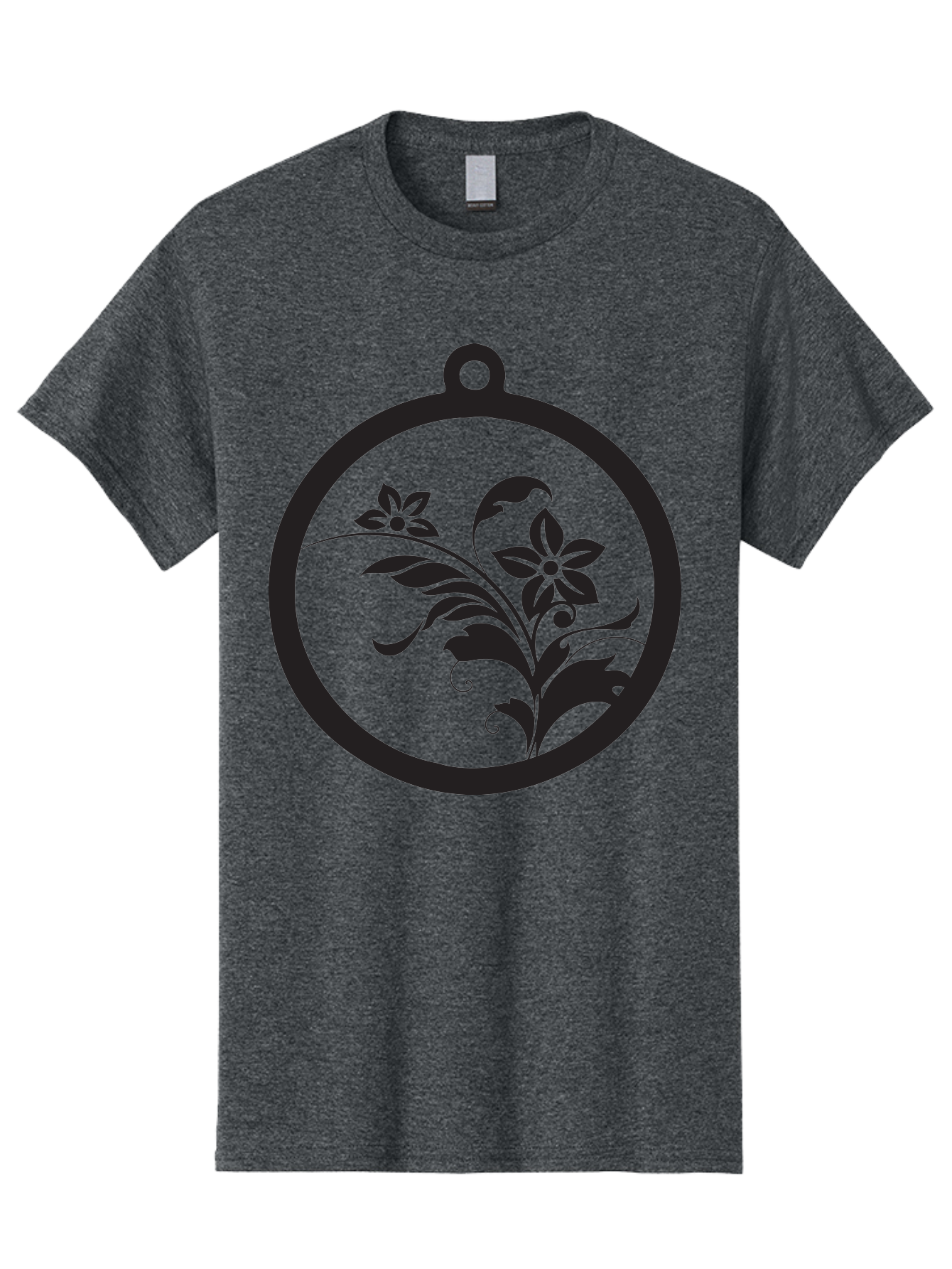 Pendant-With-Flowers Men'S Graphic Tee, 100% Cotton, Comfortable Casual Summer Wear, Machine Washable, Floral Design, Pendant Shape, Circular Frame, Black Silhouette, Stylized Flowers, Leaves, Botanical Art, Jewelry Inspiration, Aad086