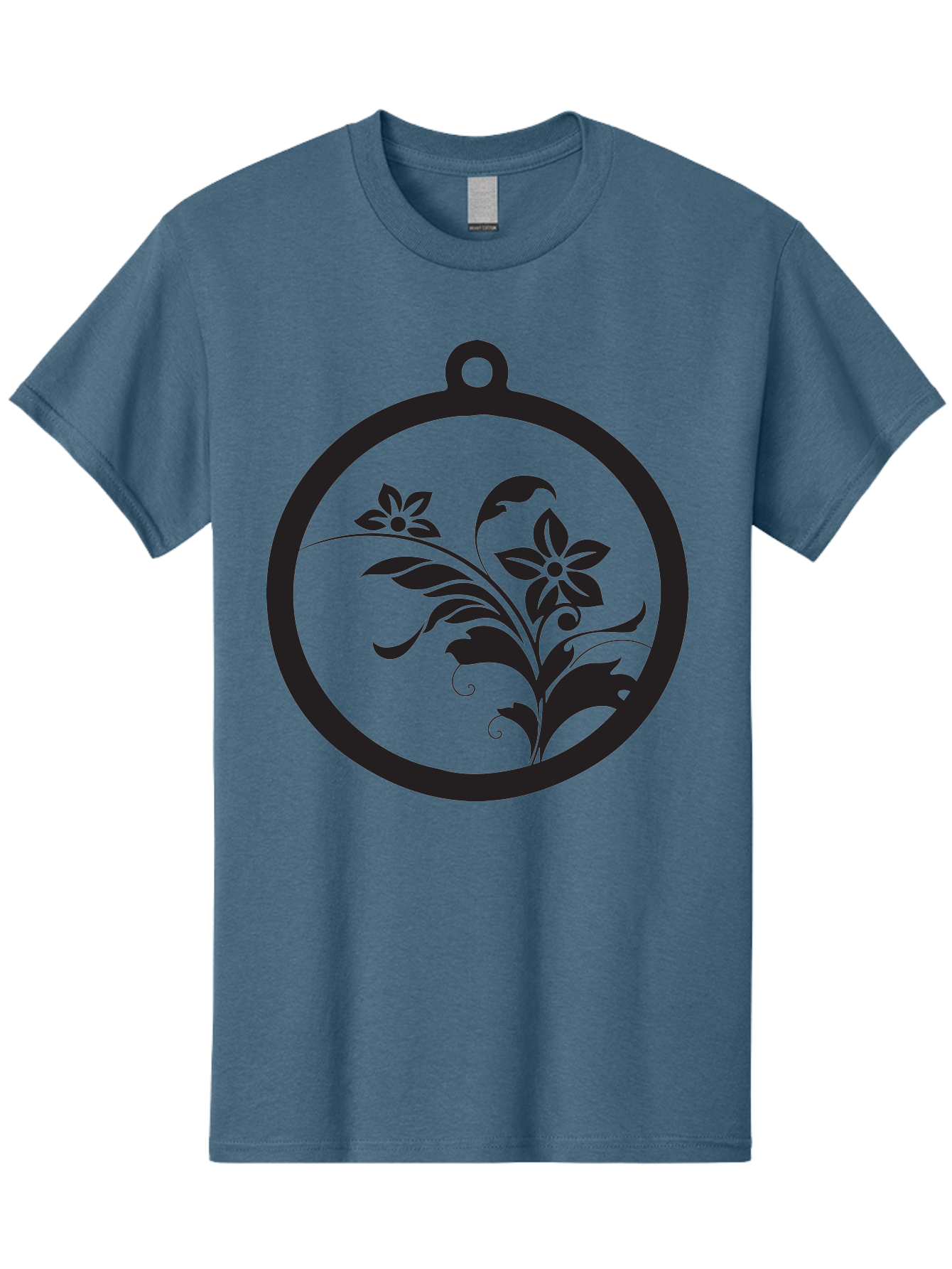 Pendant-With-Flowers Men'S Graphic Tee, 100% Cotton, Comfortable Casual Summer Wear, Machine Washable, Floral Design, Pendant Shape, Circular Frame, Black Silhouette, Stylized Flowers, Leaves, Botanical Art, Jewelry Inspiration, Aad086