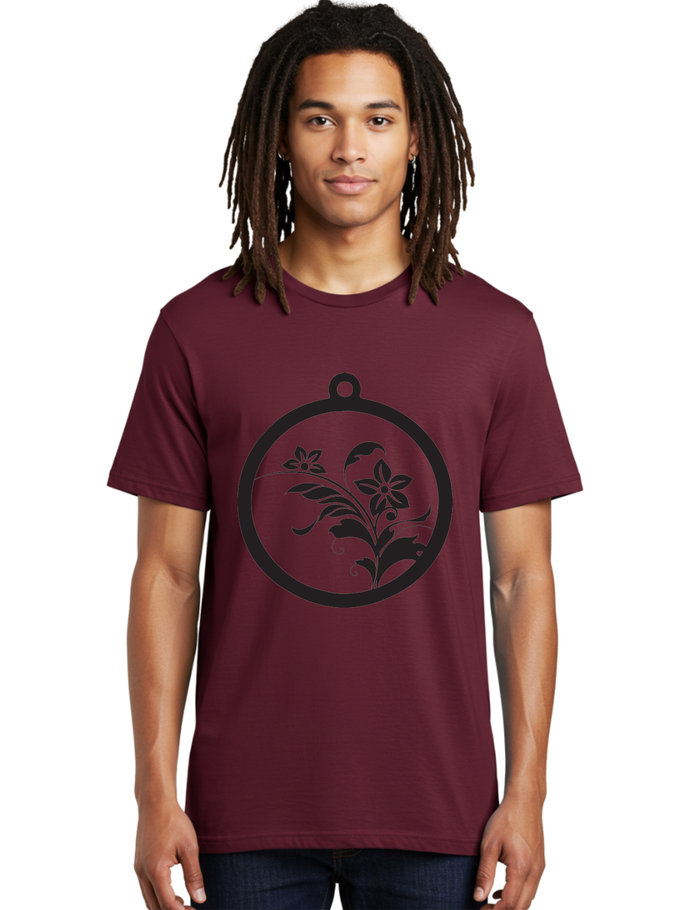 Pendant-With-Flowers Men'S Graphic Tee, 100% Cotton, Comfortable Casual Summer Wear, Machine Washable, Floral Design, Pendant Shape, Circular Frame, Black Silhouette, Stylized Flowers, Leaves, Botanical Art, Jewelry Inspiration, Aad086