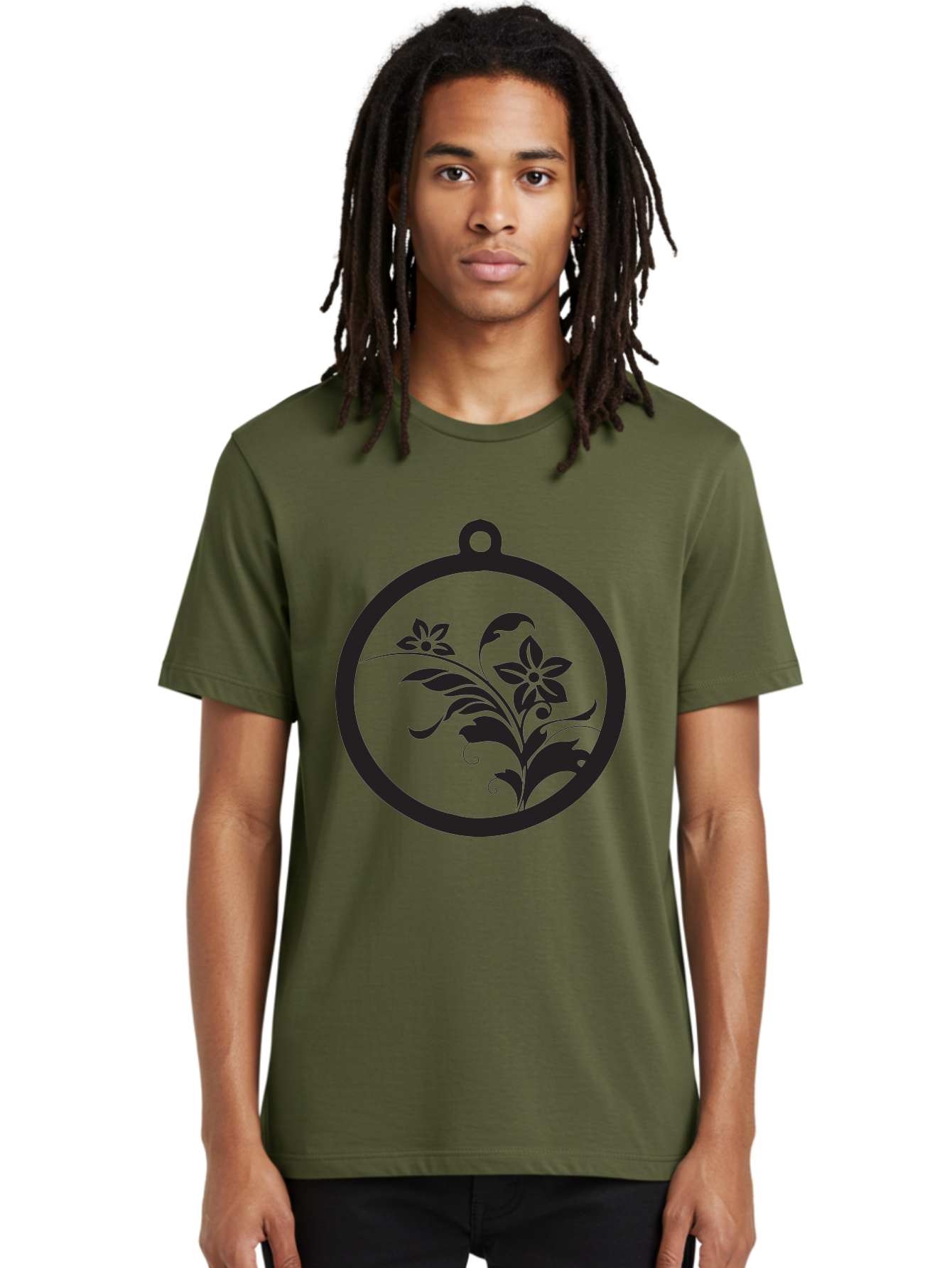 Pendant-With-Flowers Men'S Graphic Tee, 100% Cotton, Comfortable Casual Summer Wear, Machine Washable, Floral Design, Pendant Shape, Circular Frame, Black Silhouette, Stylized Flowers, Leaves, Botanical Art, Jewelry Inspiration, Aad086