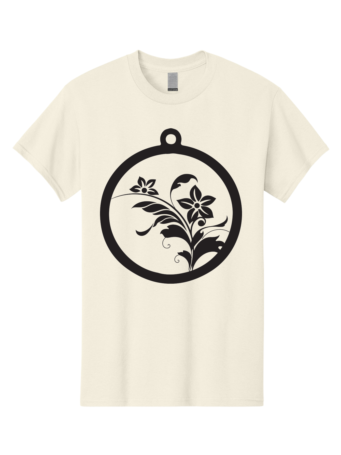 Pendant-With-Flowers Men'S Graphic Tee, 100% Cotton, Comfortable Casual Summer Wear, Machine Washable, Floral Design, Pendant Shape, Circular Frame, Black Silhouette, Stylized Flowers, Leaves, Botanical Art, Jewelry Inspiration, Aad086
