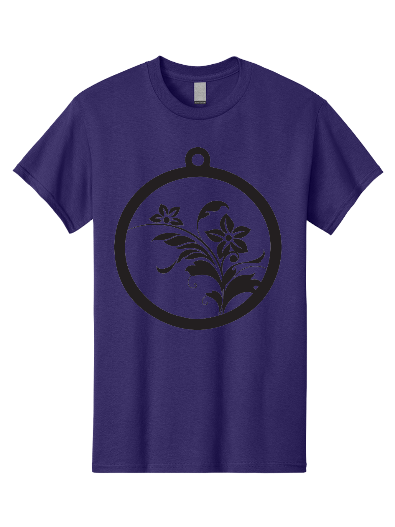Pendant-With-Flowers Men'S Graphic Tee, 100% Cotton, Comfortable Casual Summer Wear, Machine Washable, Floral Design, Pendant Shape, Circular Frame, Black Silhouette, Stylized Flowers, Leaves, Botanical Art, Jewelry Inspiration, Aad086