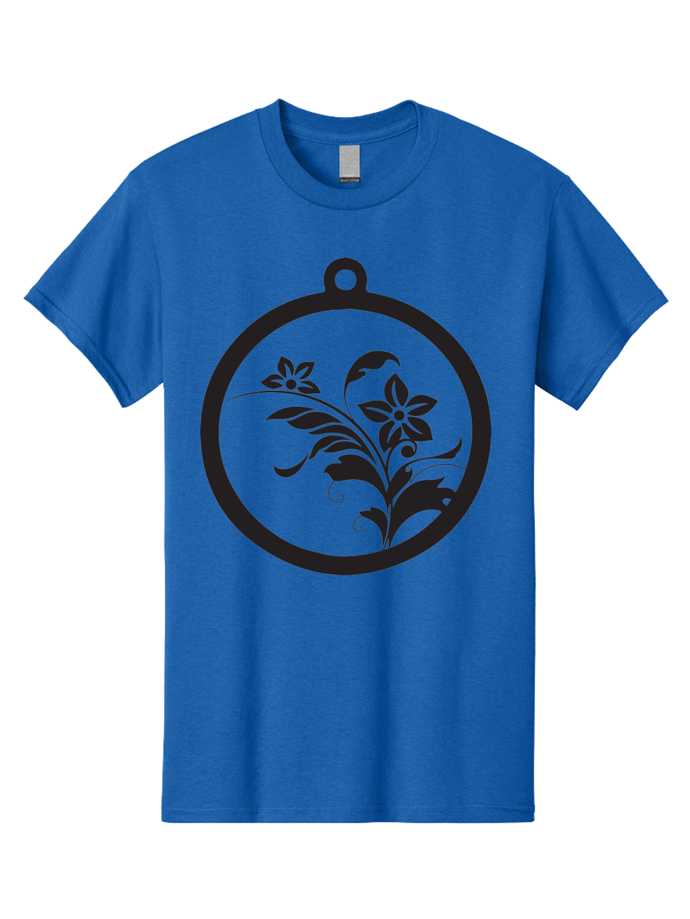 Pendant-With-Flowers Men'S Graphic Tee, 100% Cotton, Comfortable Casual Summer Wear, Machine Washable, Floral Design, Pendant Shape, Circular Frame, Black Silhouette, Stylized Flowers, Leaves, Botanical Art, Jewelry Inspiration, Aad086