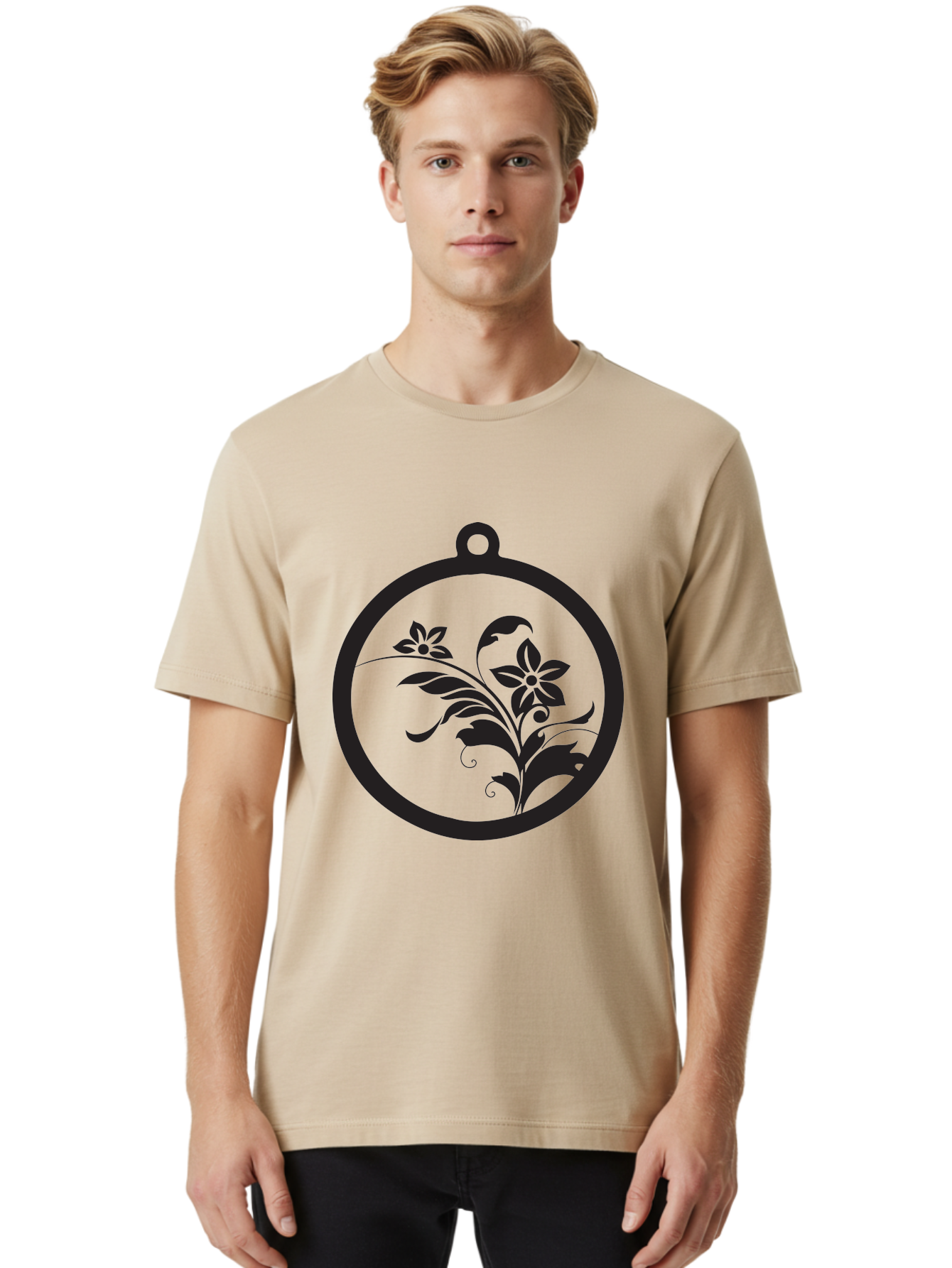 Pendant-With-Flowers Men'S Graphic Tee, 100% Cotton, Comfortable Casual Summer Wear, Machine Washable, Floral Design, Pendant Shape, Circular Frame, Black Silhouette, Stylized Flowers, Leaves, Botanical Art, Jewelry Inspiration, Aad086