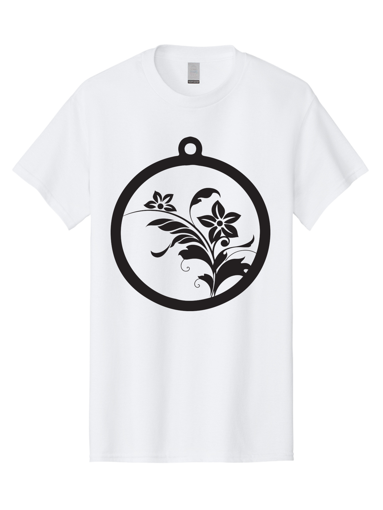 Pendant-With-Flowers Men'S Graphic Tee, 100% Cotton, Comfortable Casual Summer Wear, Machine Washable, Floral Design, Pendant Shape, Circular Frame, Black Silhouette, Stylized Flowers, Leaves, Botanical Art, Jewelry Inspiration, Aad086