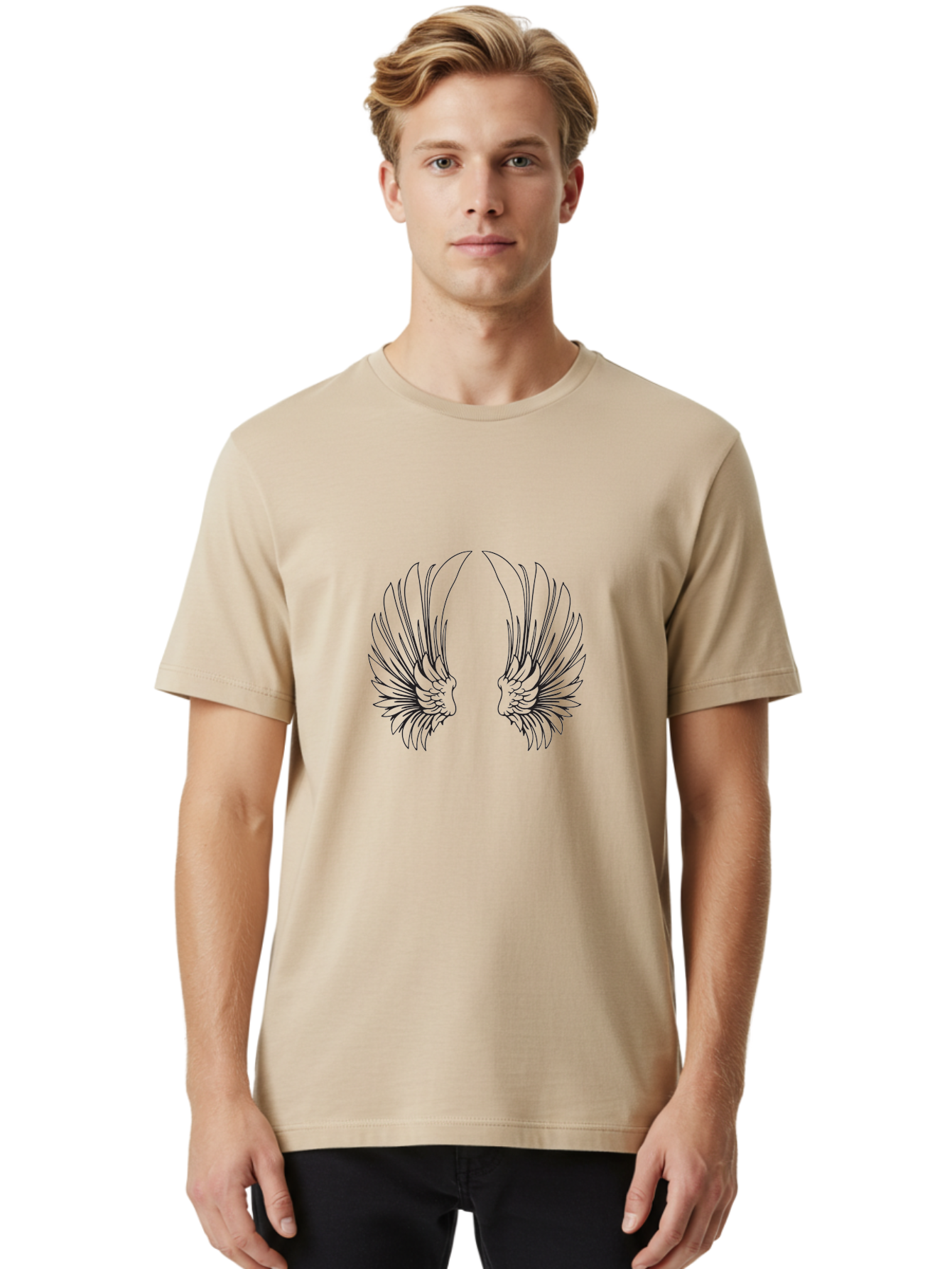 Phoenix-Wings Men'S Graphic Tee, 100% Cotton, Comfortable Casual Summer Wear, Machine Washable, Angel Wings, Feathered Wings, Winged Creatures, Symmetrical Designs, Minimalist Art, Black Line Art, Wing Illustrations Aad089