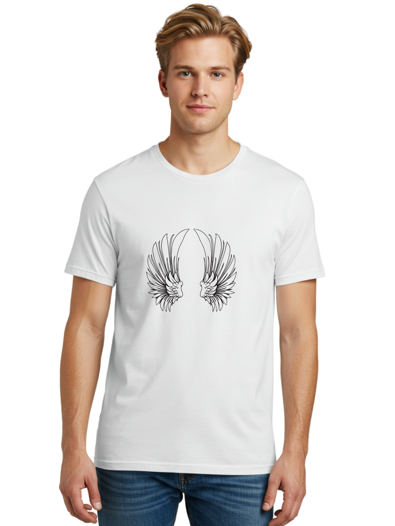 Phoenix-Wings Men'S Graphic Tee, 100% Cotton, Comfortable Casual Summer Wear, Machine Washable, Angel Wings, Feathered Wings, Winged Creatures, Symmetrical Designs, Minimalist Art, Black Line Art, Wing Illustrations Aad089