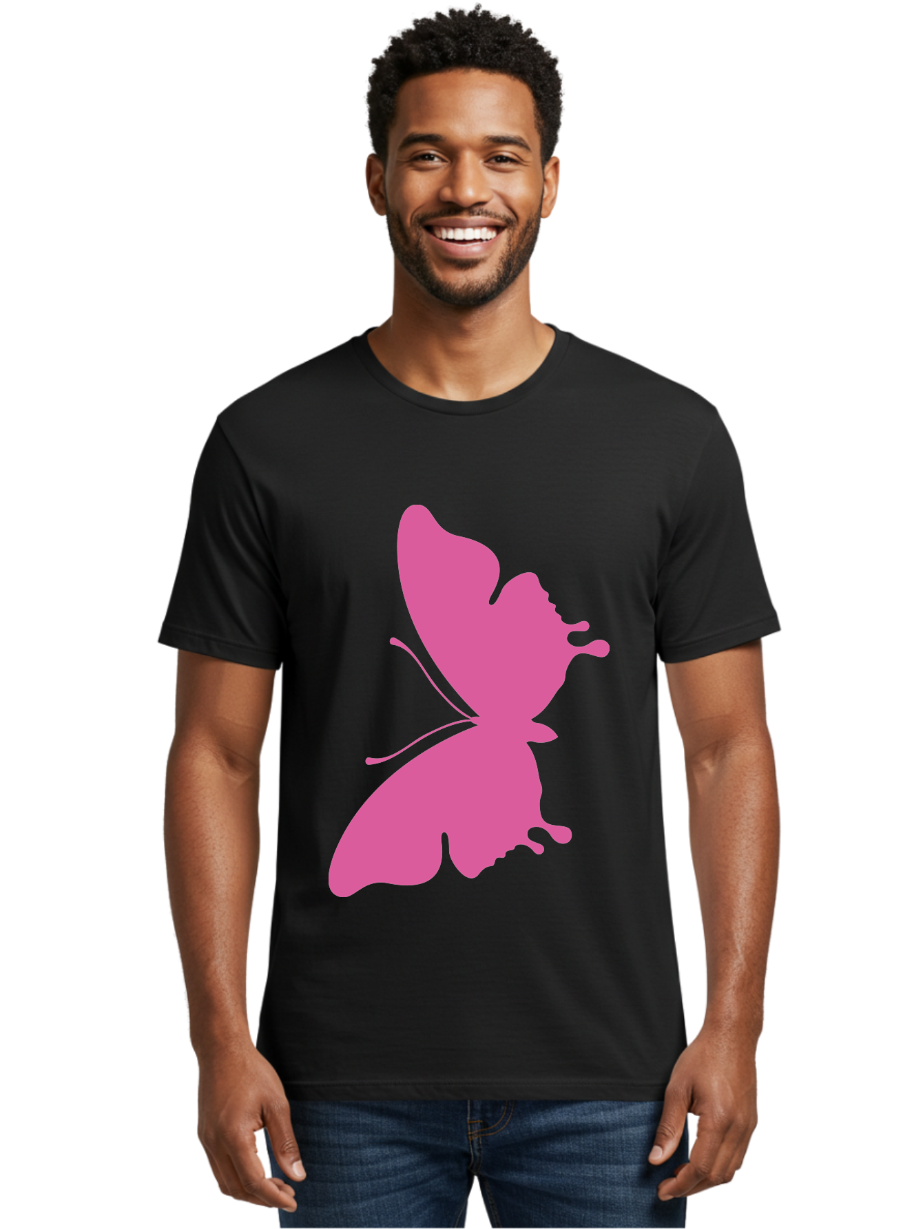 Pink-Butterfly Men'S Graphic Tee, 100% Cotton, Comfortable Casual Summer Wear, Machine Washable, Butterfly Silhouette, Pink Butterfly, Abstract Butterfly, Delicate Wings, Minimalist Design, Vibrant Pink Color, Bold Silhouette, Aad090